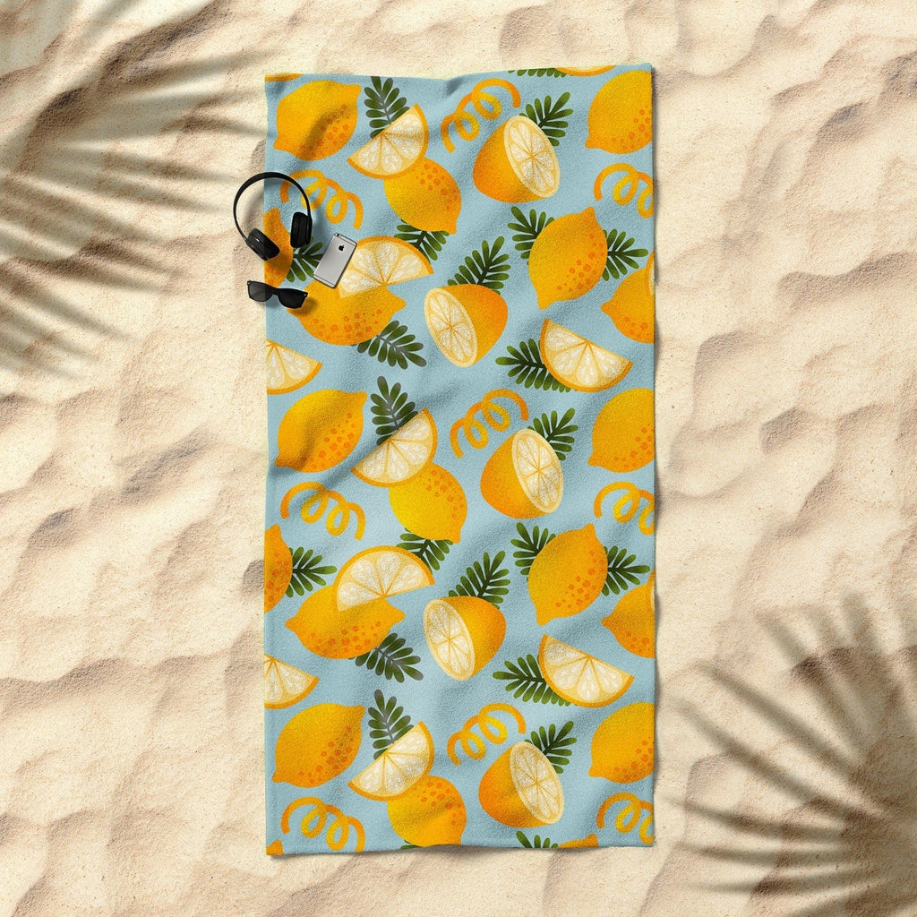 Jessica Molina Lemon Pattern on Sky Blue Beach Towel