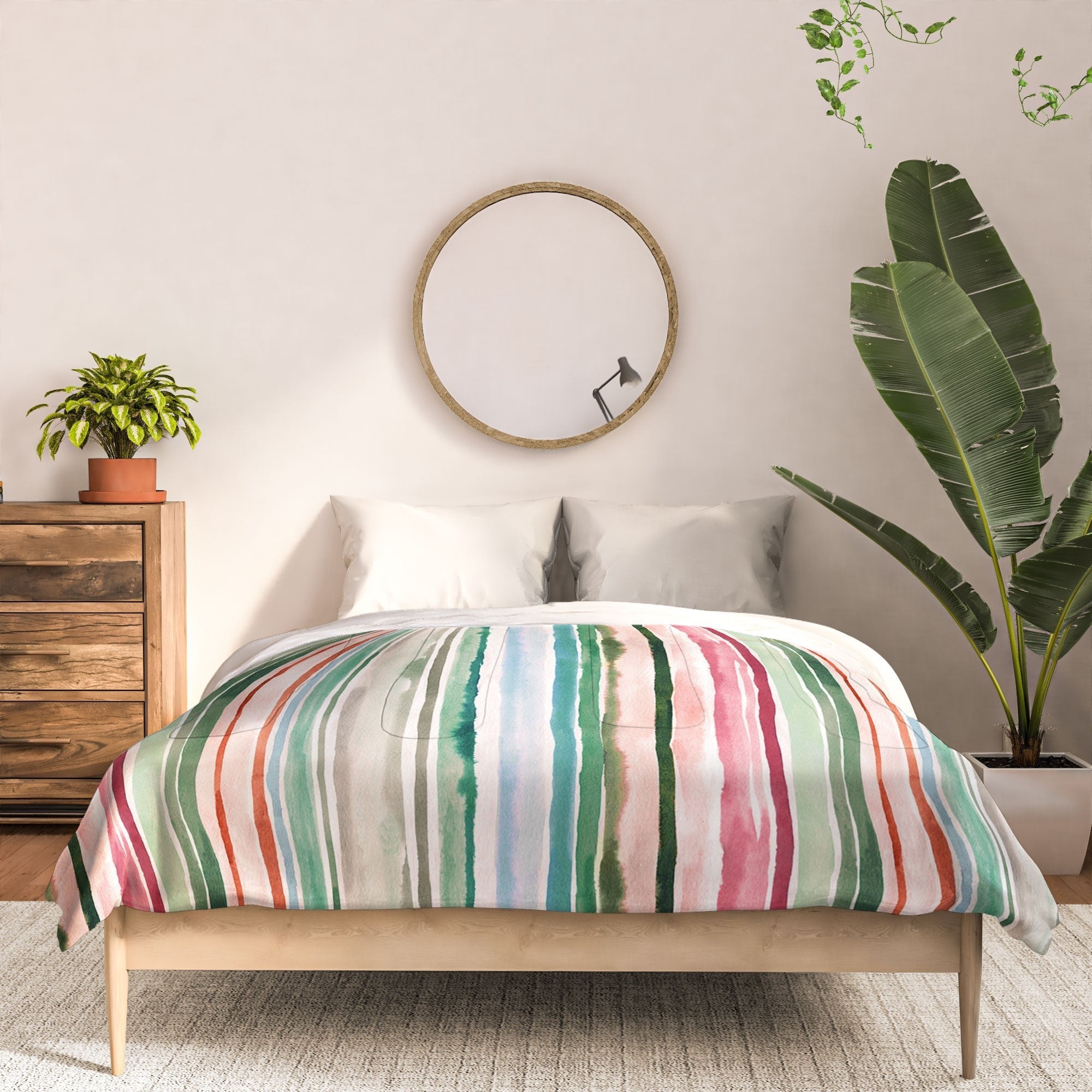 Ninola Design Botanic Retreat Watercolor Stripes Green Orange Red Comforter