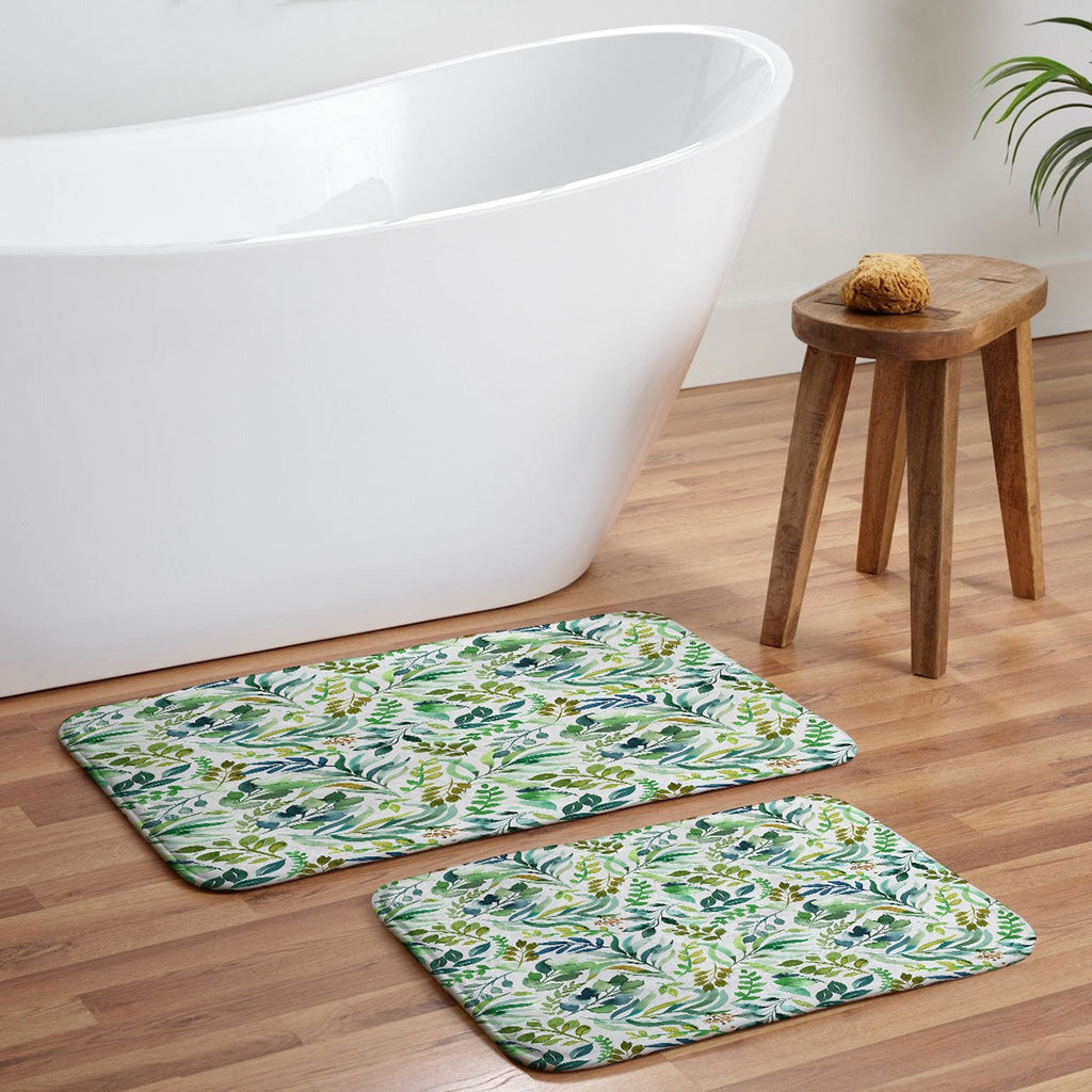Ninola Design Botanic Retreat Loose Botanical Leaves Watercolor Green Memory Foam Bath Mat