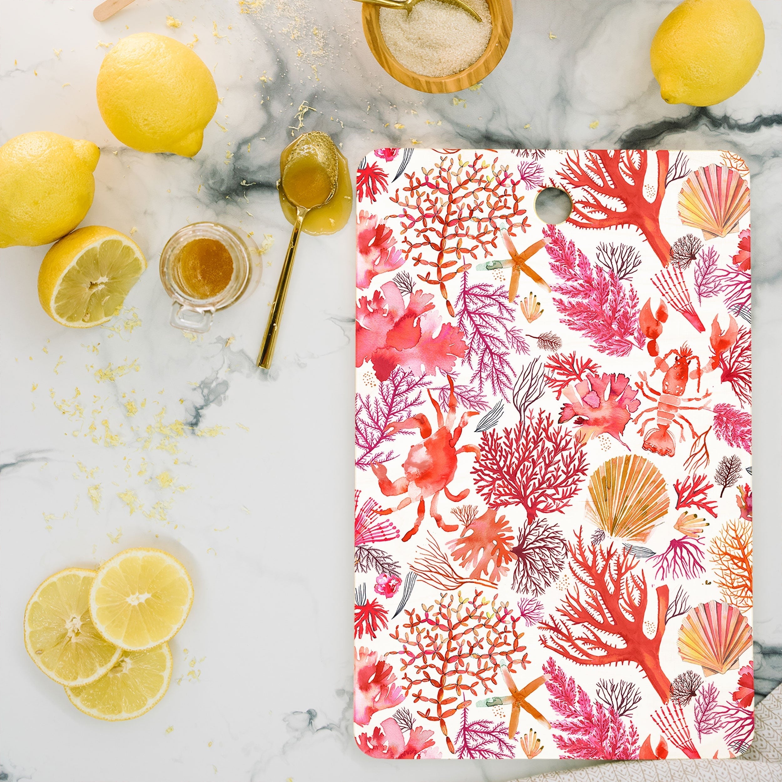 Ninola Design Botanic Retreat Coral Reef Crab Lobster Red Cutting Board Rectangle
