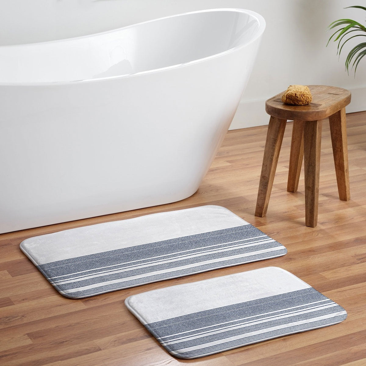 Kierkegaard Design Studio organic stripes naut navy blue and white Memory Foam Bath Mat