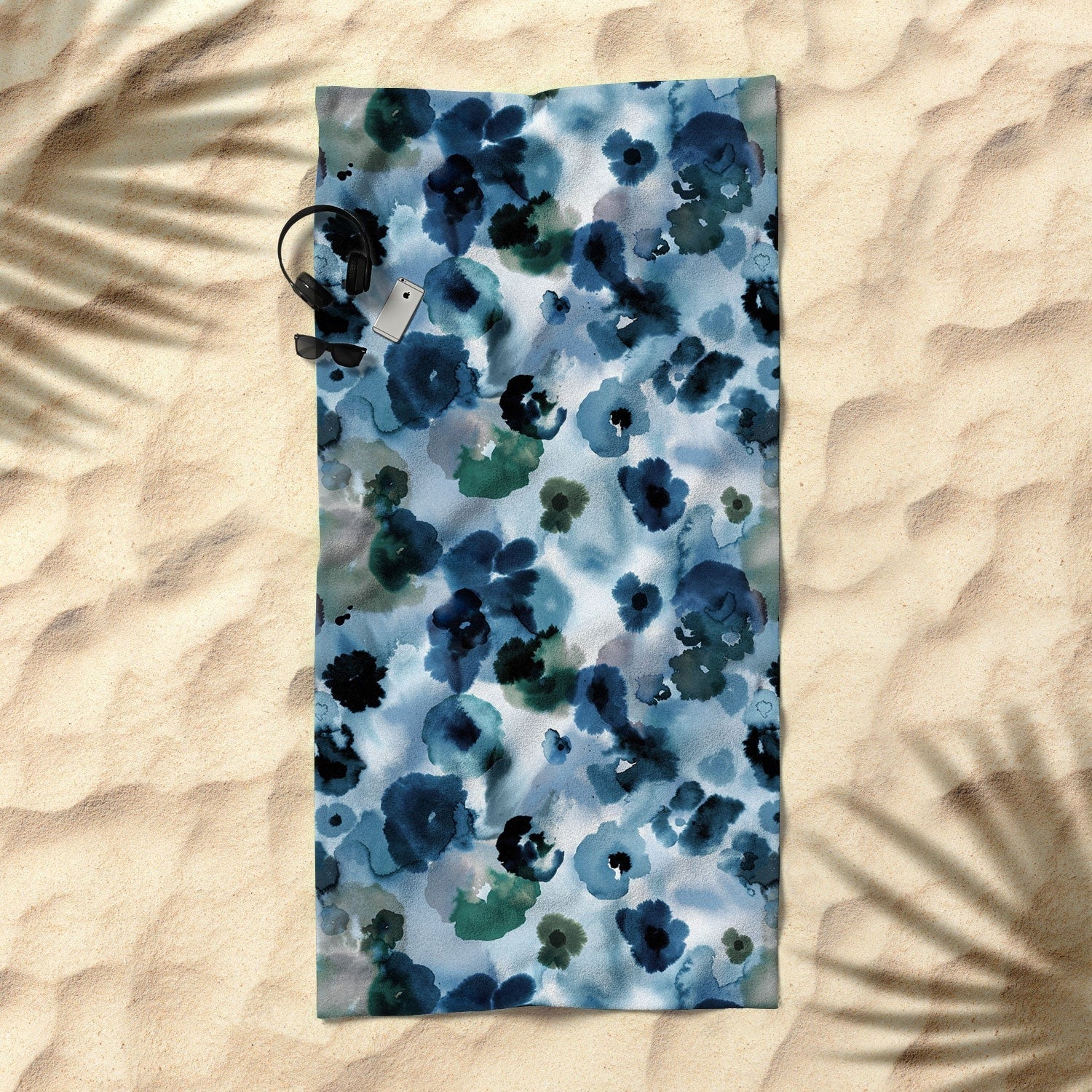 Ninola Design Botanic Retreat Ombre Abstract Watercolor Flowers Blue Navy Beach Towel