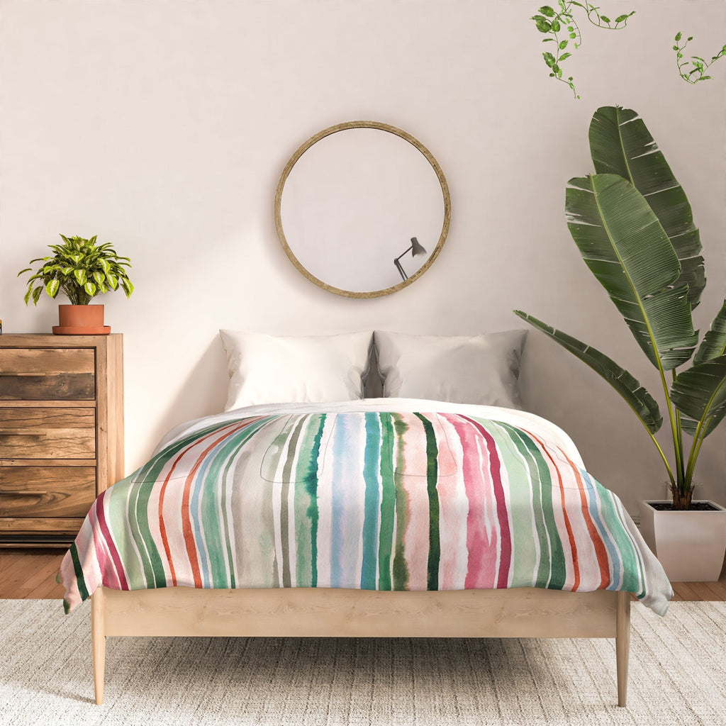 Ninola Design Botanic Retreat Watercolor Stripes Green Orange Red Comforter