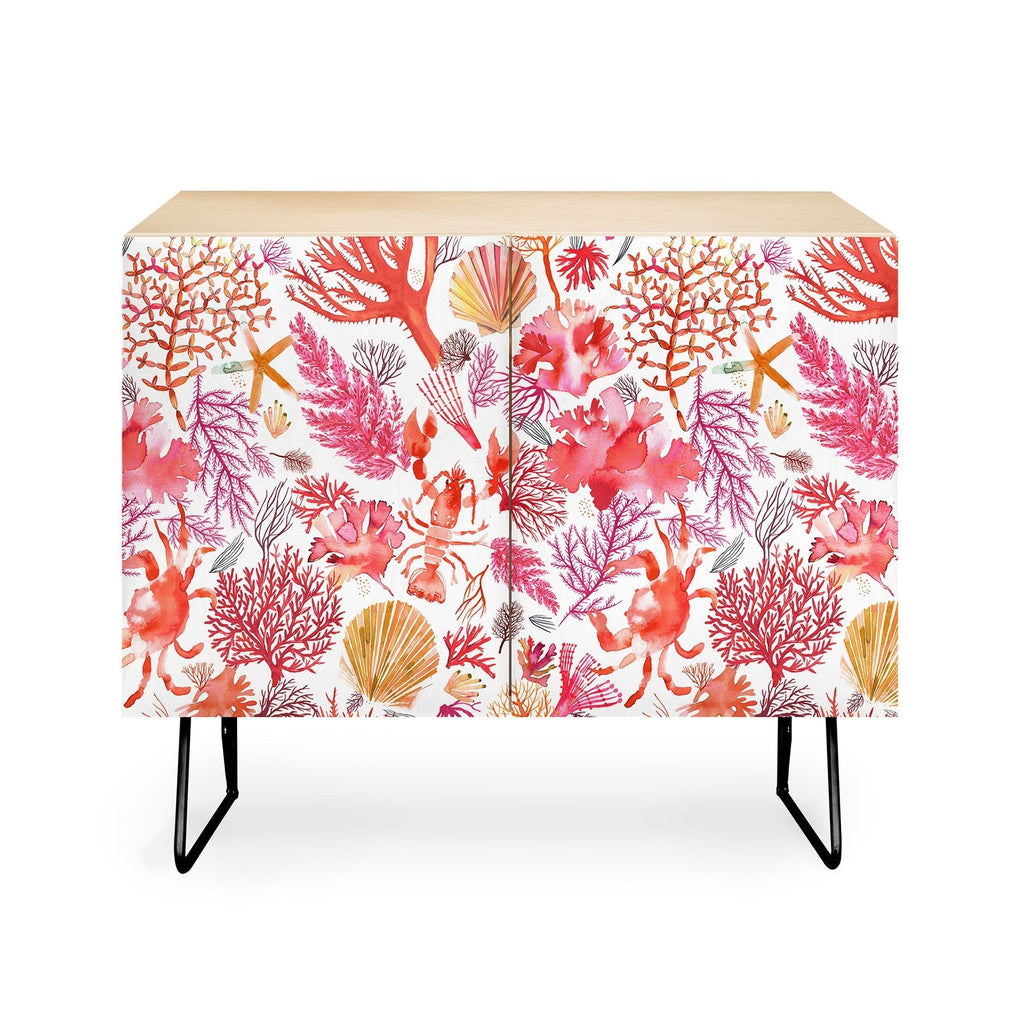 Ninola Design Botanic Retreat Coral Reef Crab Lobster Red Credenza