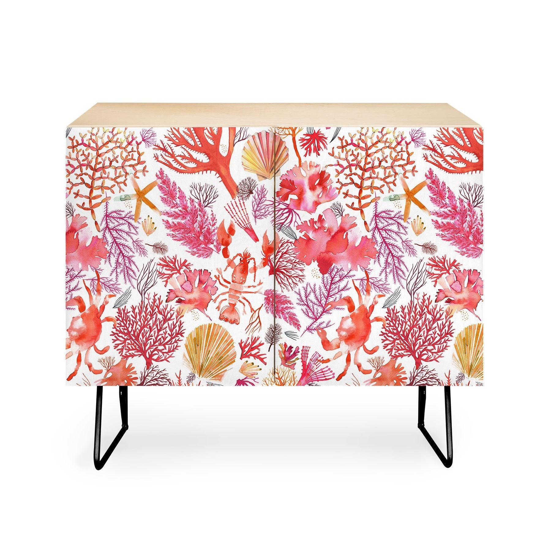 Ninola Design Botanic Retreat Coral Reef Crab Lobster Red Credenza