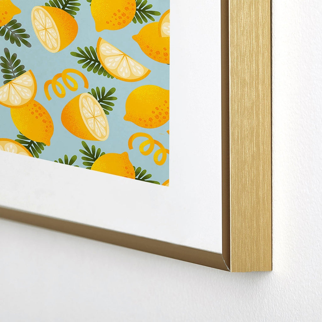 Jessica Molina Lemon Pattern on Sky Blue Metal Framed Art Print