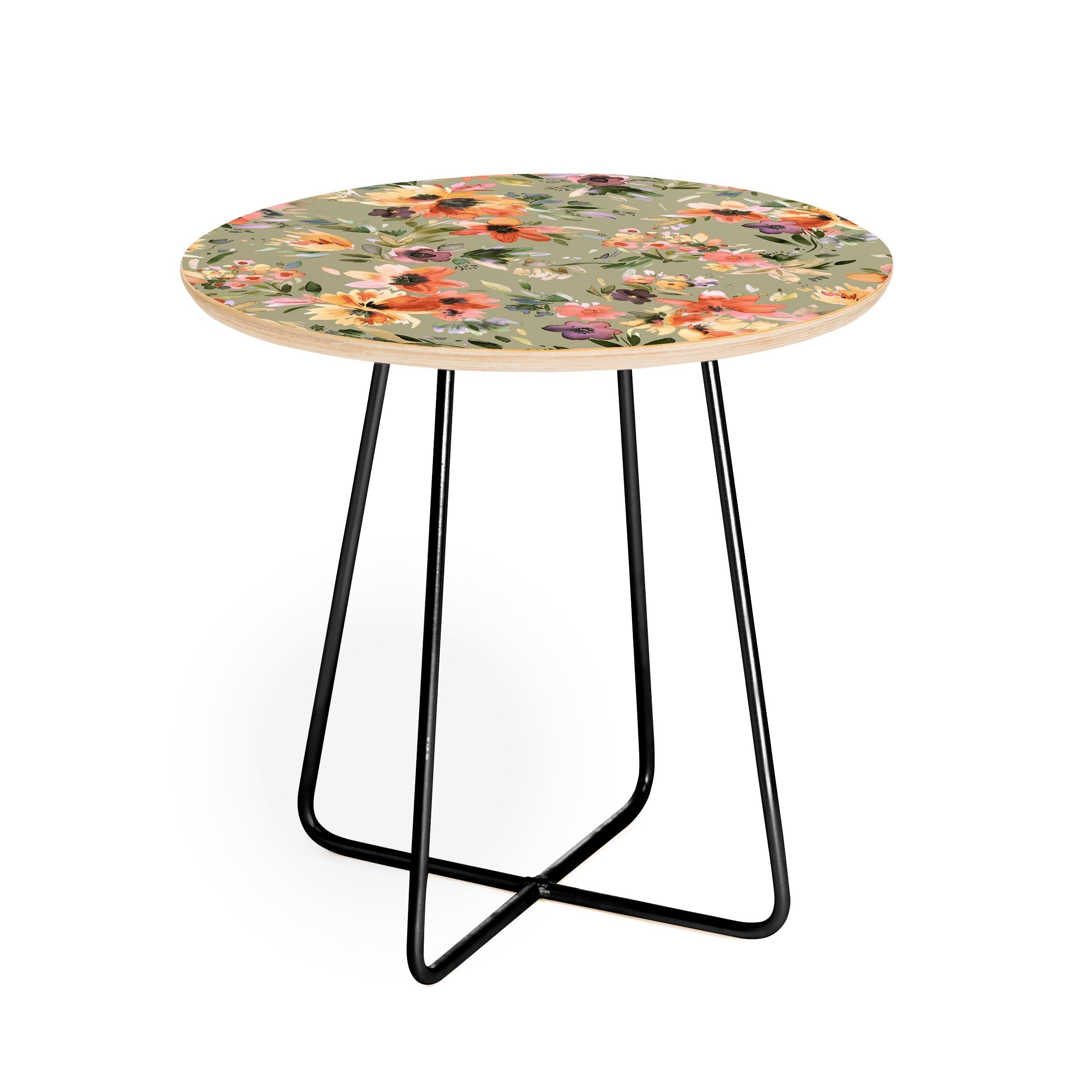 Ninola Design Botanic Retreat Painterly Tropical Flowers Sage Green Round Side Table