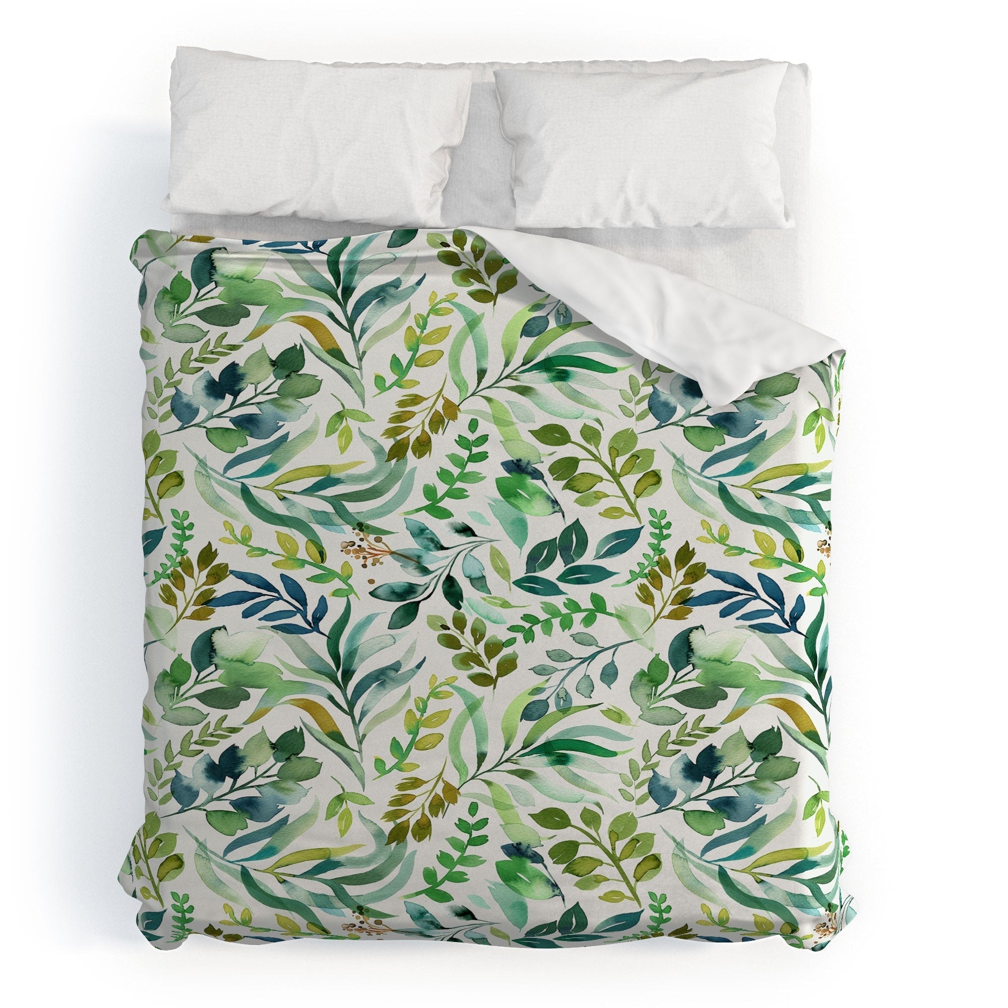 Ninola Design Botanic Retreat Loose Botanical Leaves Watercolor Green Duvet Cover