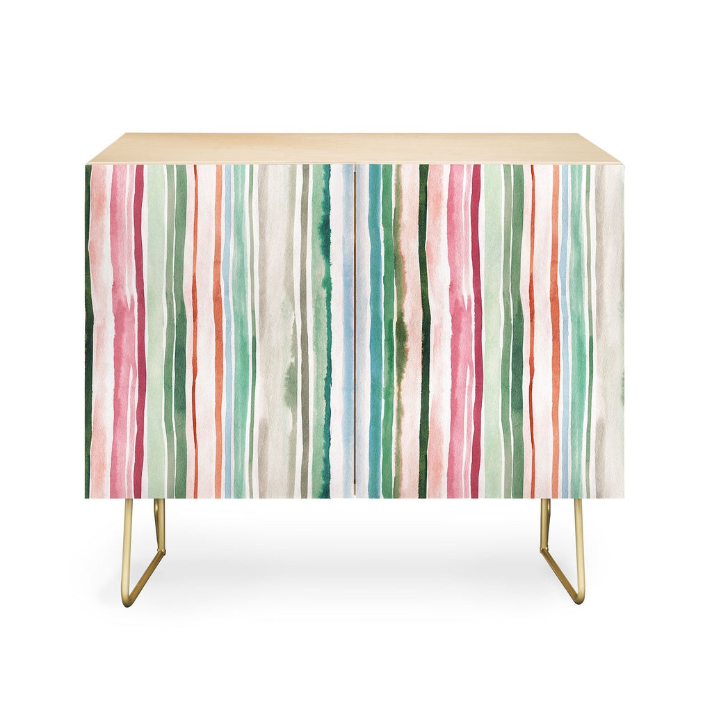Ninola Design Botanic Retreat Watercolor Stripes Green Orange Red Credenza