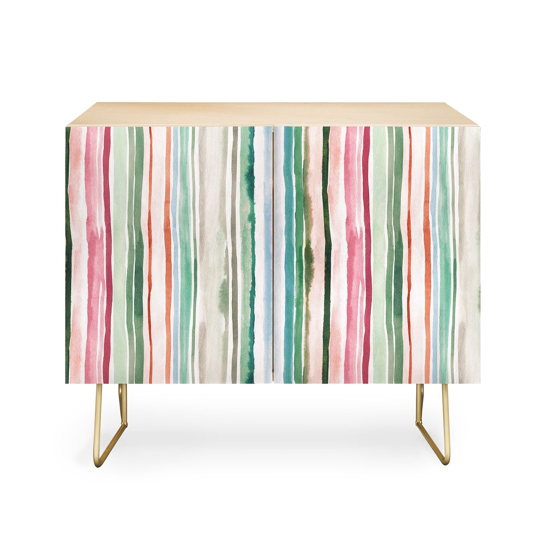 Ninola Design Botanic Retreat Watercolor Stripes Green Orange Red Credenza