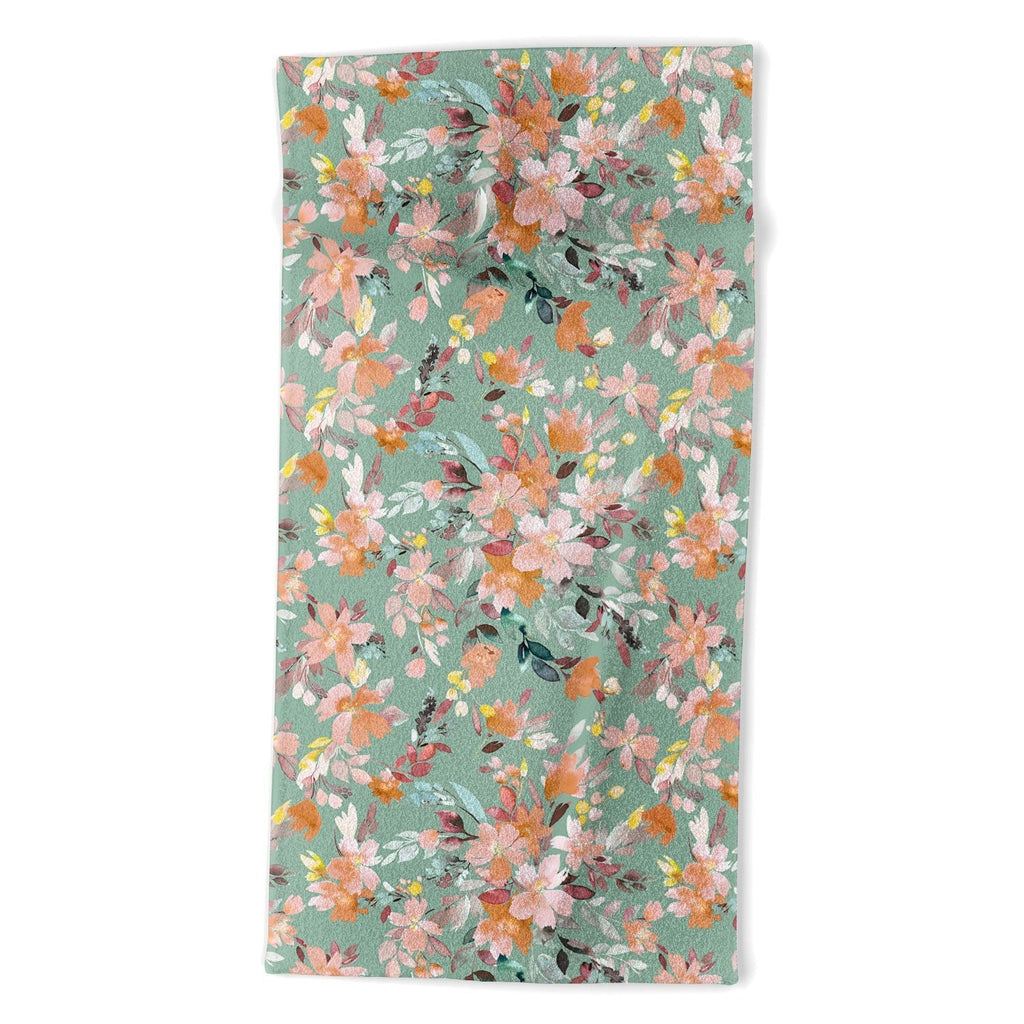 Ninola Design Botanic Retreat Floral Oleander Whimsical Teal Green Beach Towel