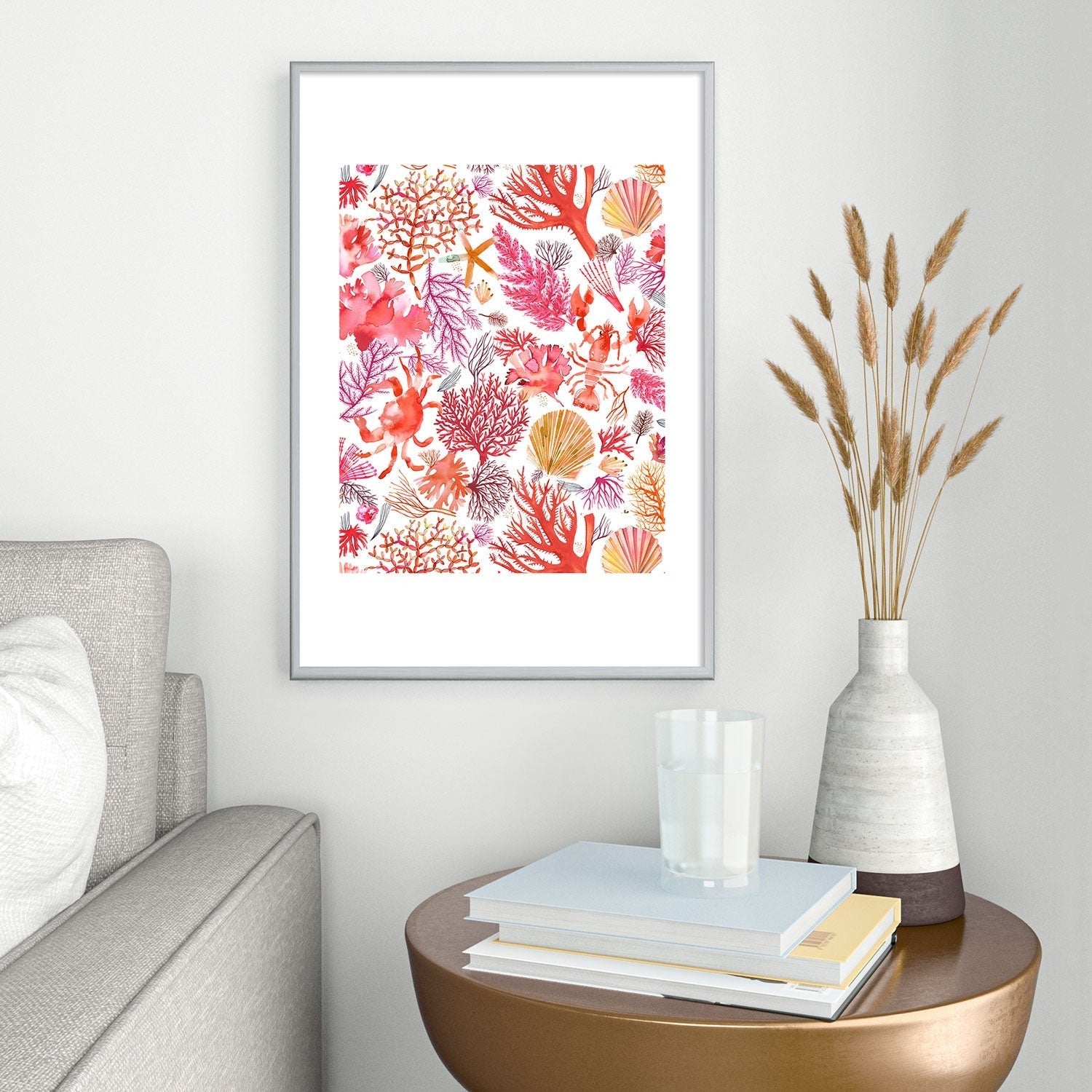 Ninola Design Botanic Retreat Coral Reef Crab Lobster Red Metal Framed Art Print