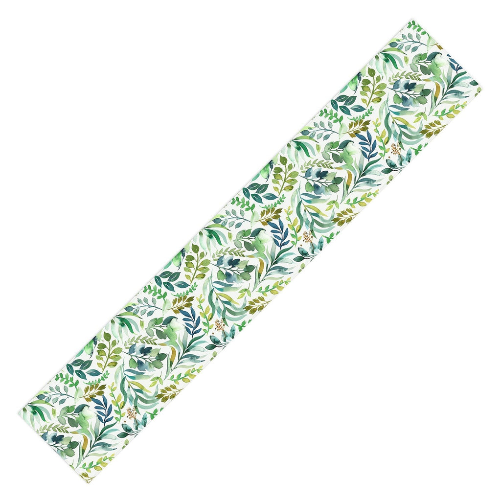 Ninola Design Botanic Retreat Loose Botanical Leaves Watercolor Green Table Runner