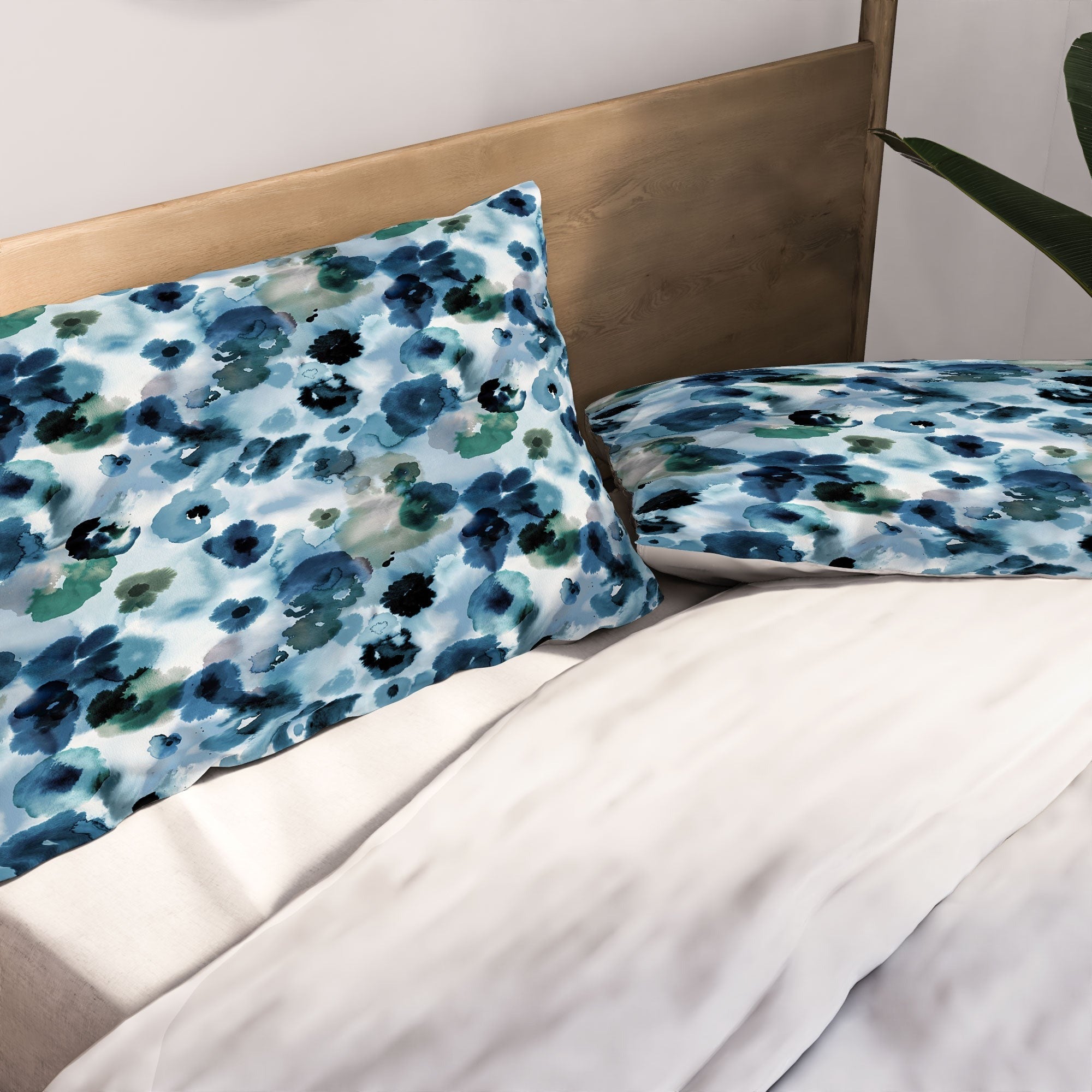 Ninola Design Botanic Retreat Ombre Abstract Watercolor Flowers Blue Navy Pillow Shams