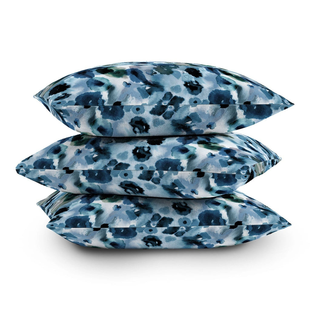 Ninola Design Botanic Retreat Ombre Abstract Watercolor Flowers Blue Navy Outdoor Throw Pillow