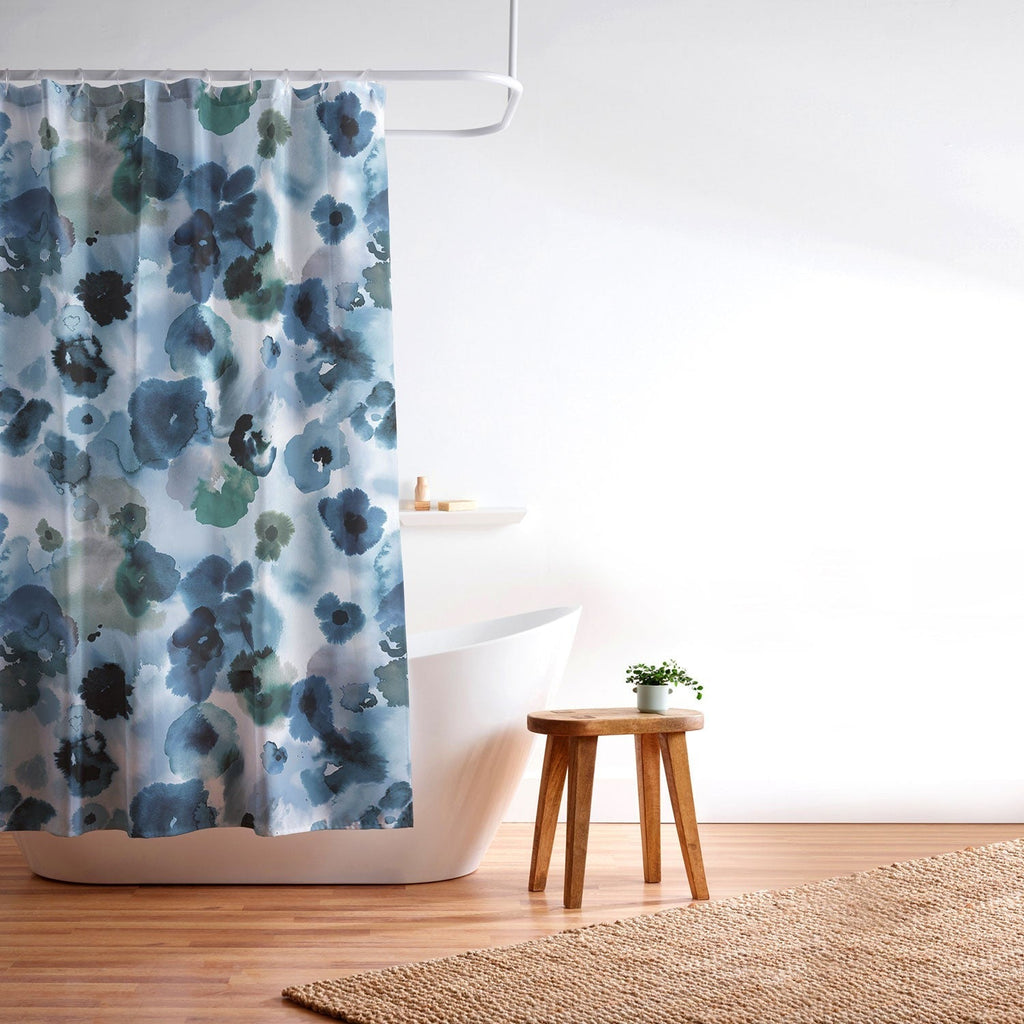 Ninola Design Botanic Retreat Ombre Abstract Watercolor Flowers Blue Navy Shower Curtain