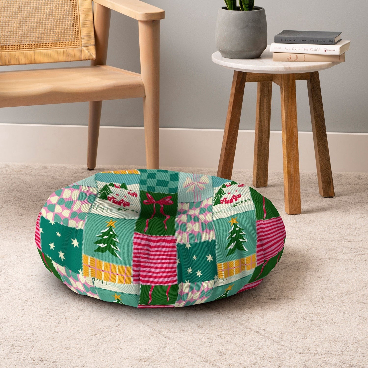 LouBruzzoni Cozy Christmas Patchwork Floor Pillow Round
