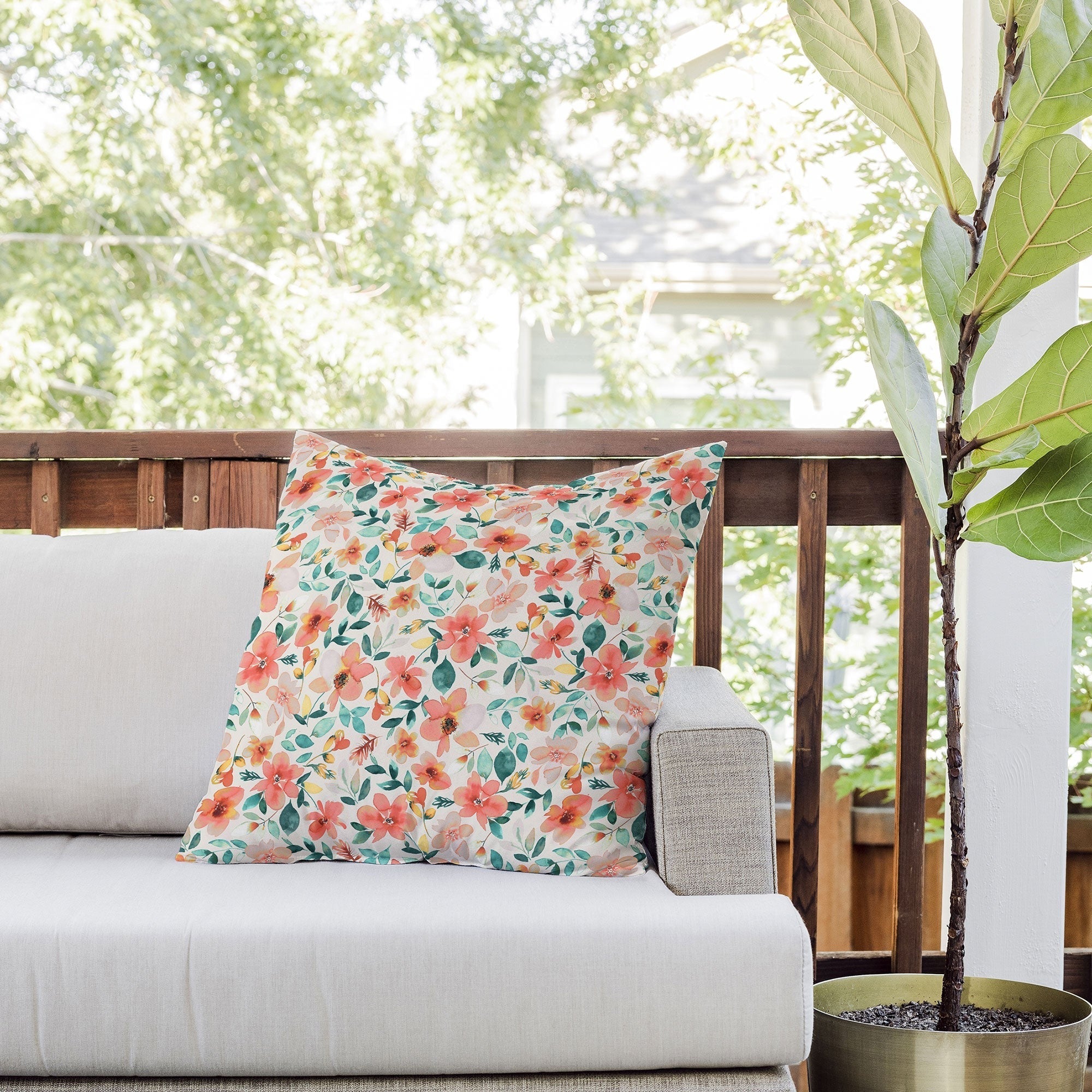 Ninola Design Botanic Retreat Tropical Whimsical Flowers Coral Green Outdoor Throw Pillow
