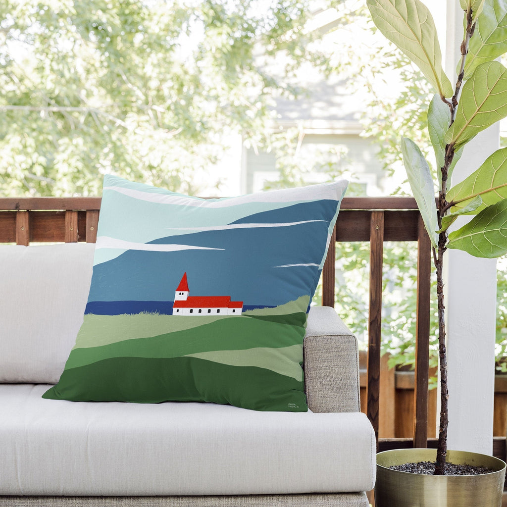 Valeria Frustaci Red roof in Iceland Outdoor Throw Pillow