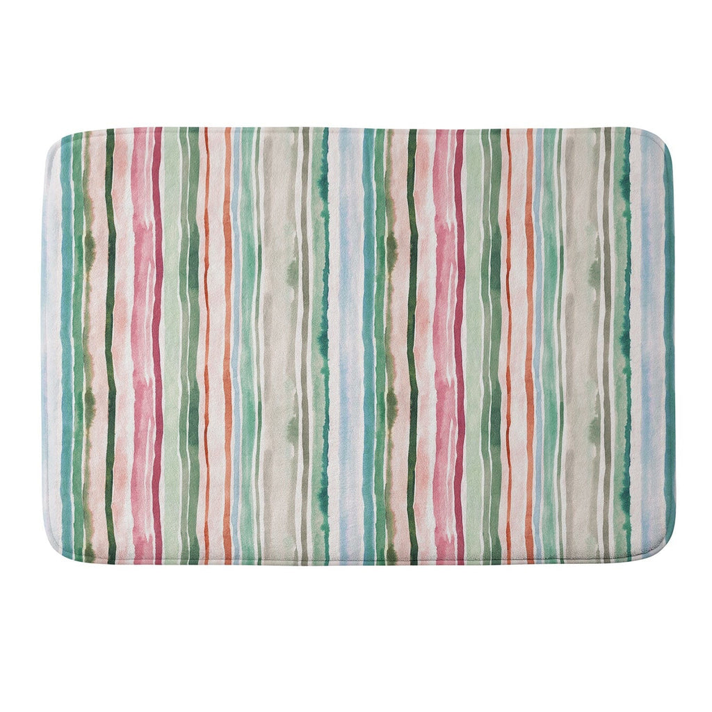 Ninola Design Botanic Retreat Watercolor Stripes Green Orange Red Memory Foam Bath Mat