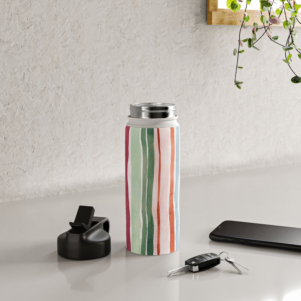 Ninola Design Botanic Retreat Watercolor Stripes Green Orange Red Water Bottle