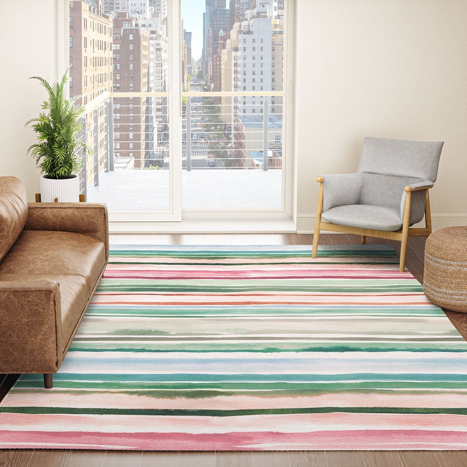 Ninola Design Botanic Retreat Watercolor Stripes Green Orange Red Area Rug