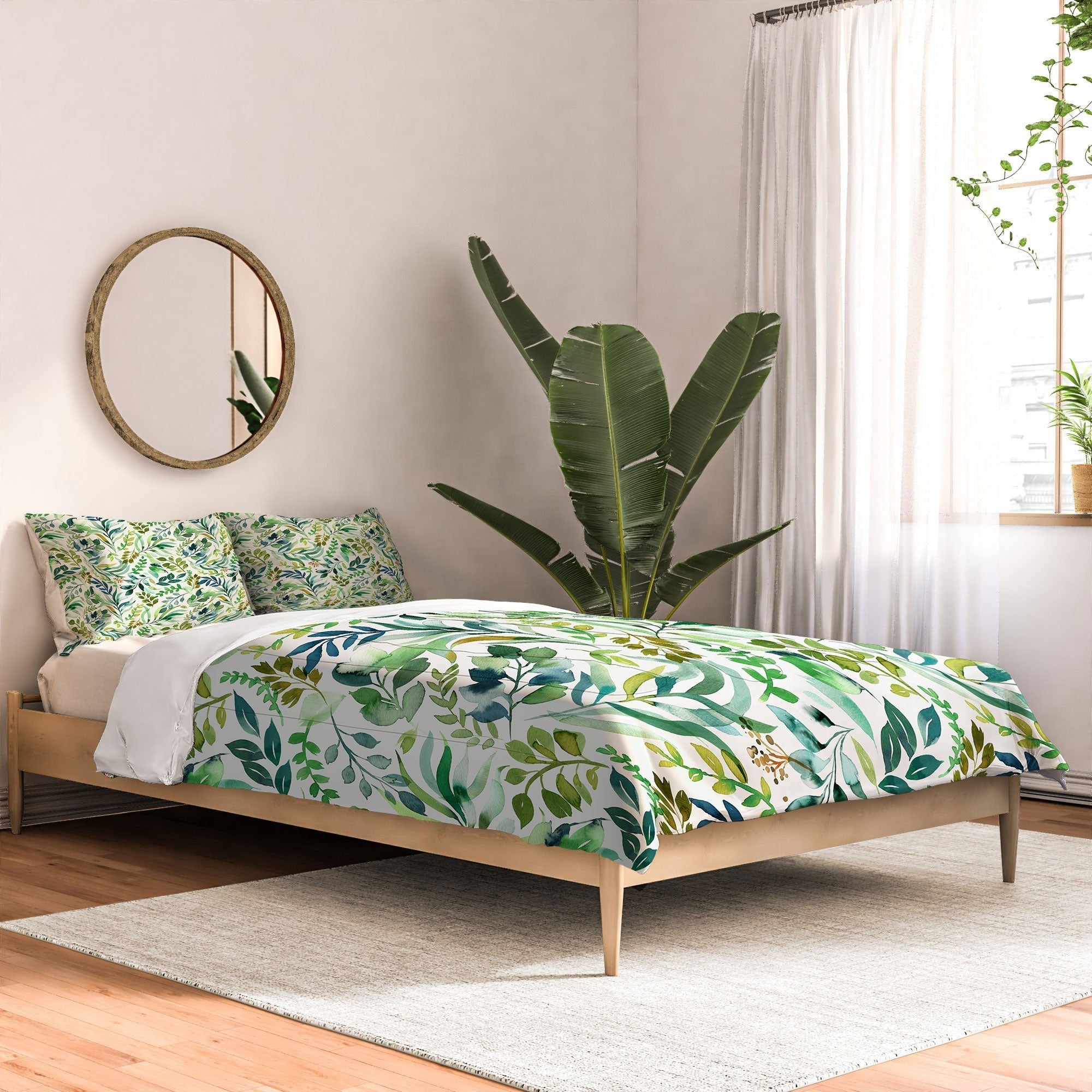 Ninola Design Botanic Retreat Loose Botanical Leaves Watercolor Green Comforter