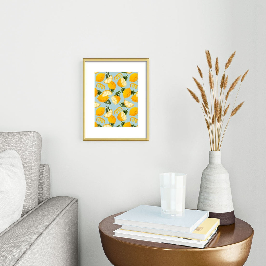 Jessica Molina Lemon Pattern on Sky Blue Metal Framed Art Print