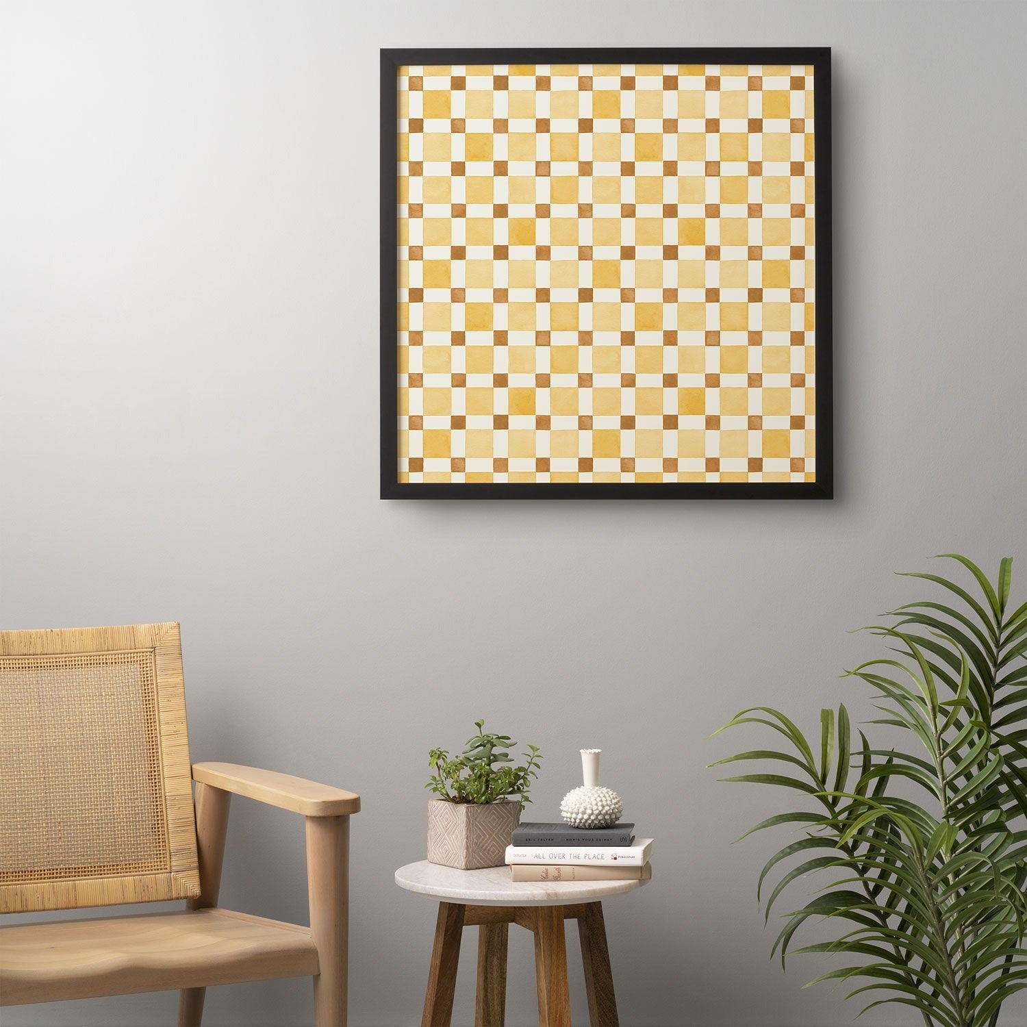 Ninola Design Everyday Artifact Checker Mosaic Tiles Geometry Yellow Framed Wall Art