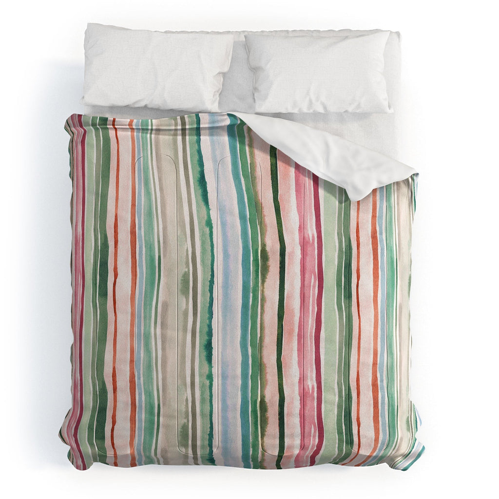 Ninola Design Botanic Retreat Watercolor Stripes Green Orange Red Comforter