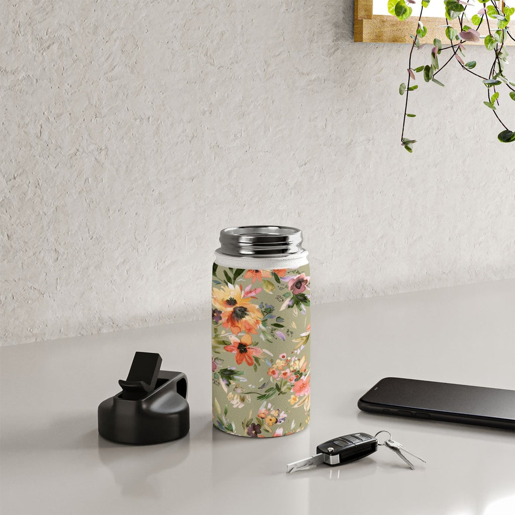 Ninola Design Botanic Retreat Painterly Tropical Flowers Sage Green Water Bottle