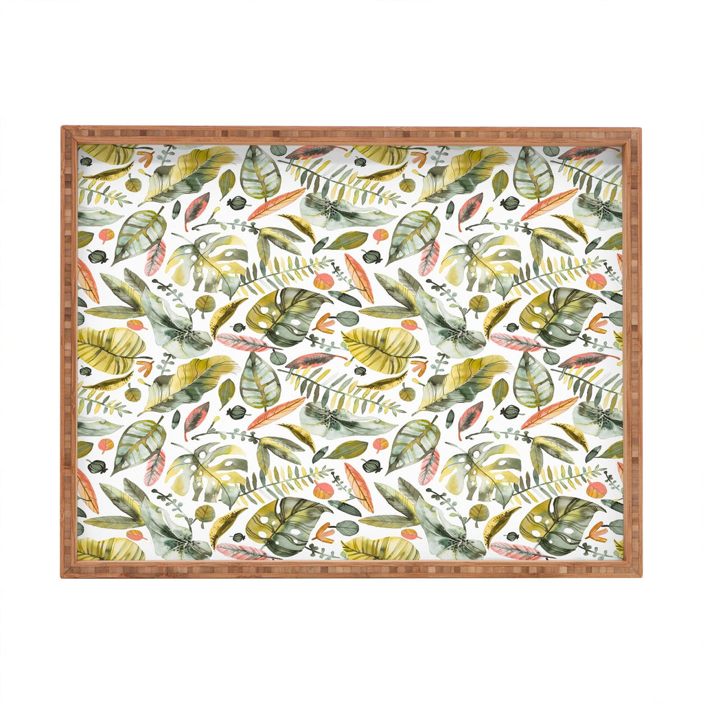 Ninola Design Botanic Retreat Tropical Jungle Leaves Botanical Green Orange Rectangular Tray