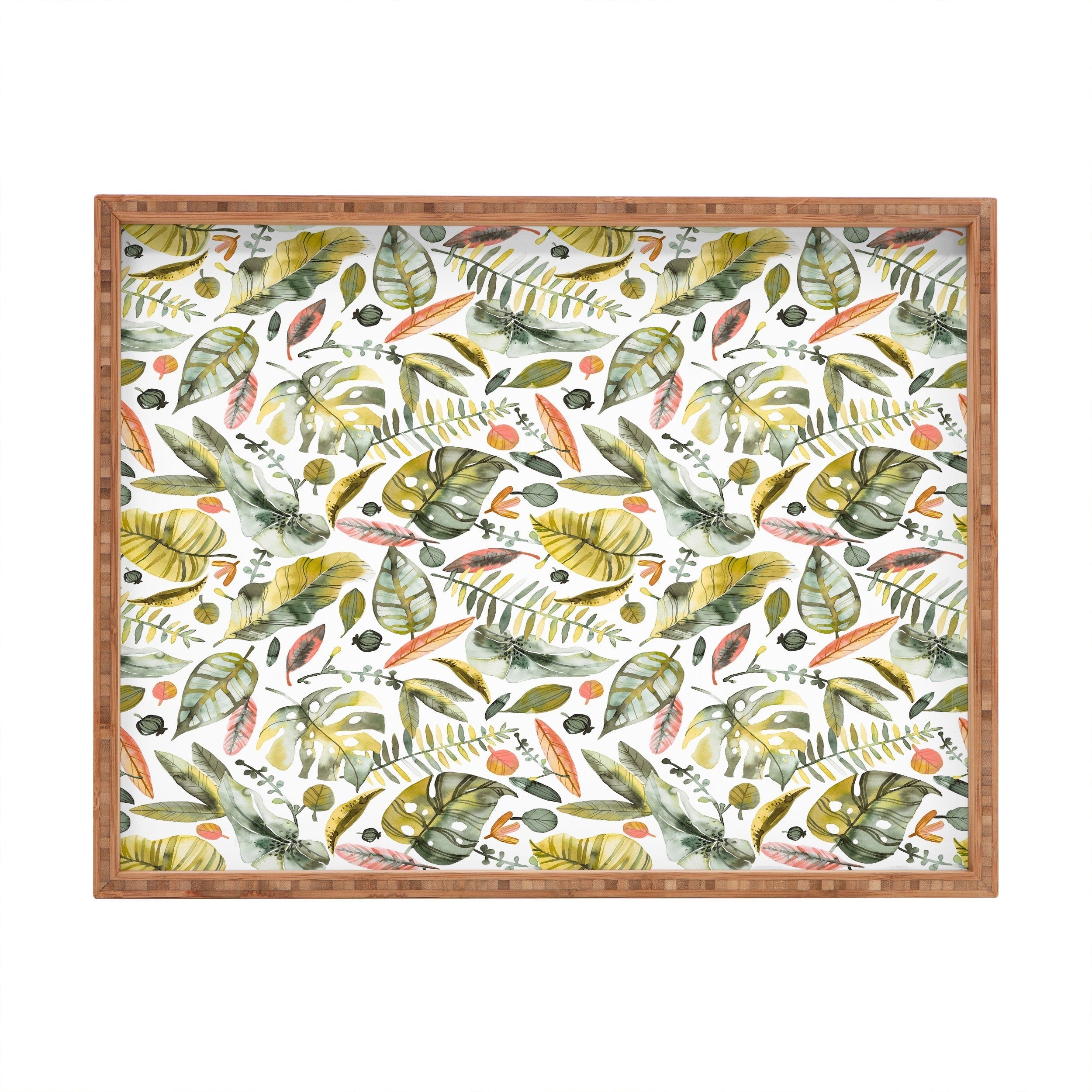 Ninola Design Botanic Retreat Tropical Jungle Leaves Botanical Green Orange Rectangular Tray