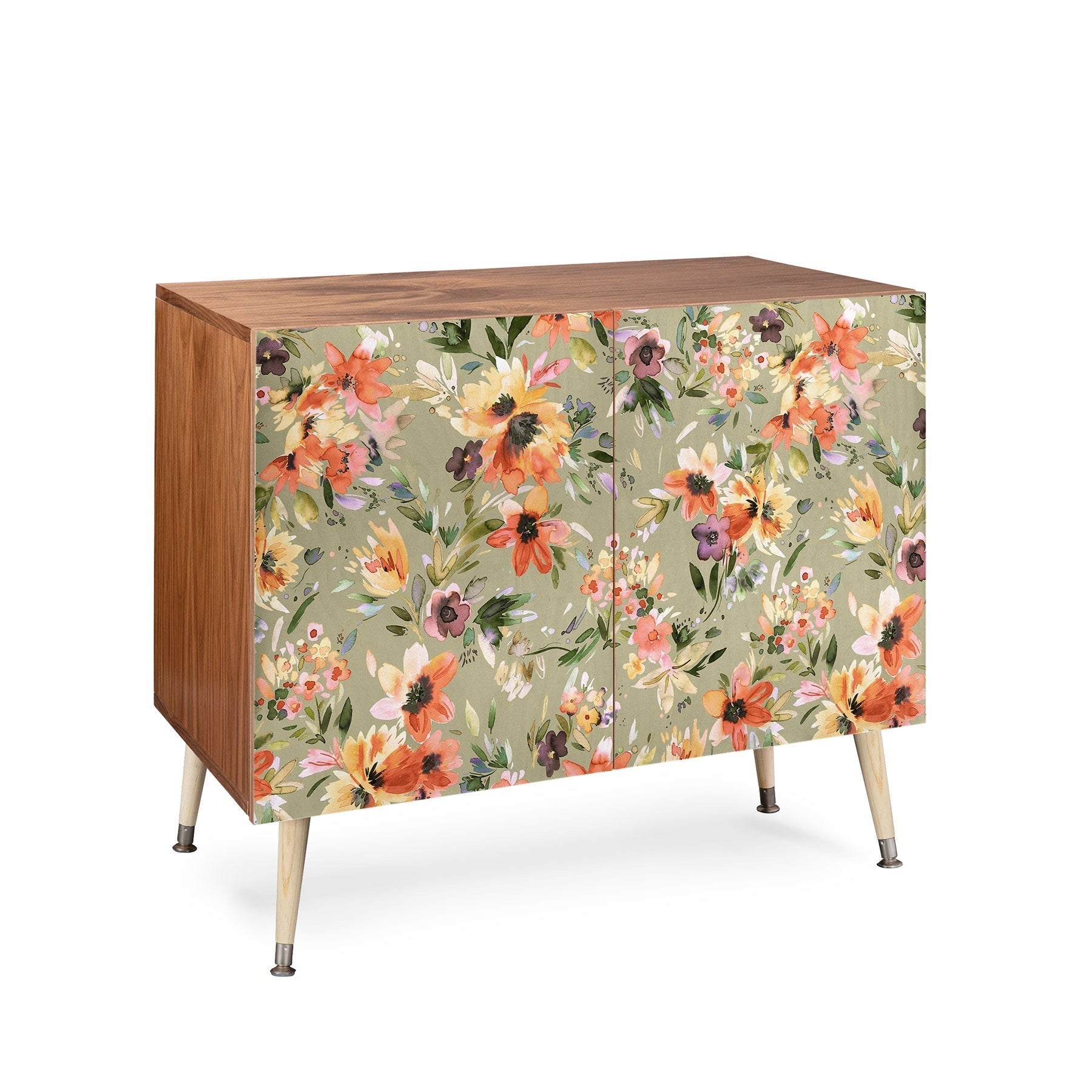 Ninola Design Botanic Retreat Painterly Tropical Flowers Sage Green Credenza