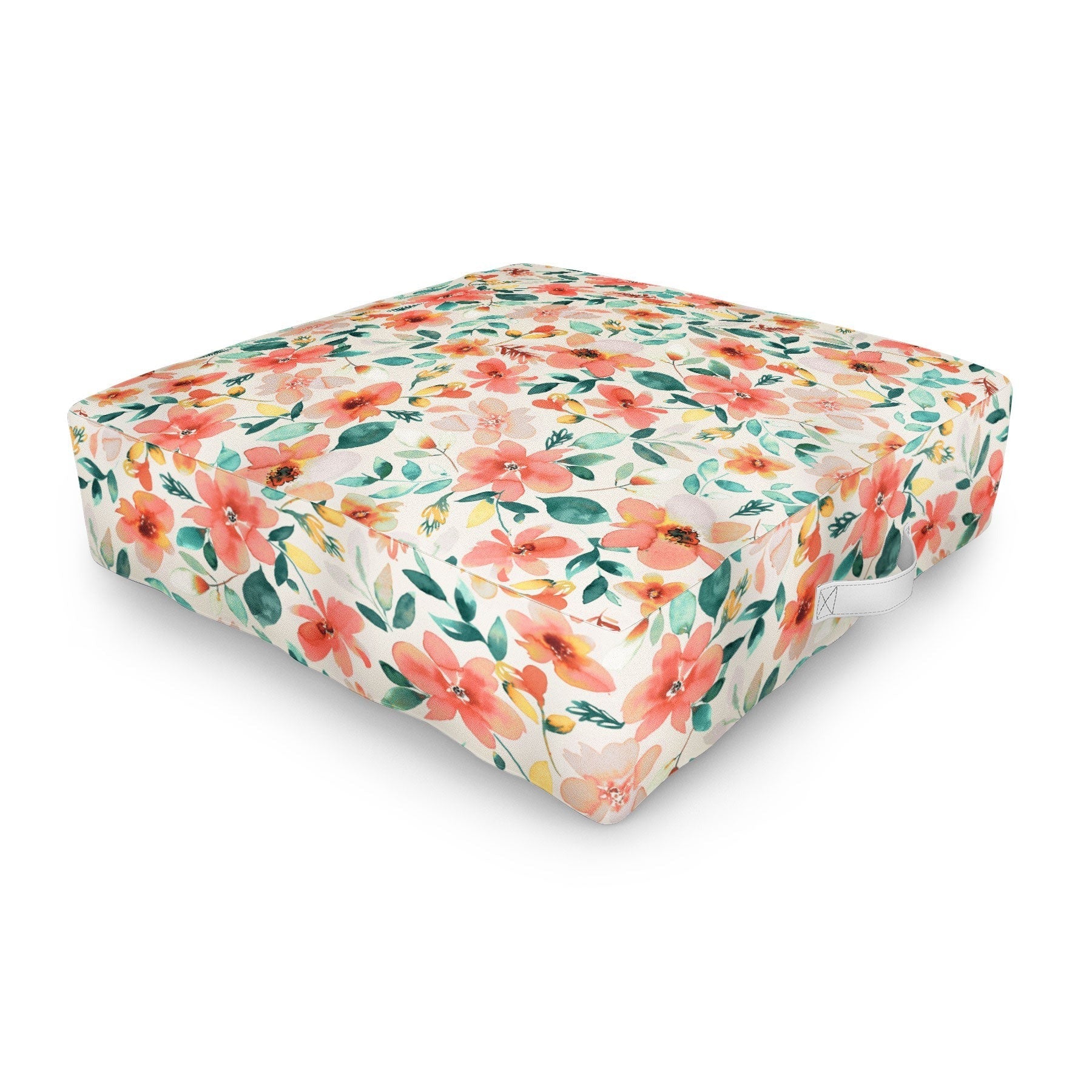 Ninola Design Botanic Retreat Tropical Whimsical Flowers Coral Green Outdoor Floor Cushion