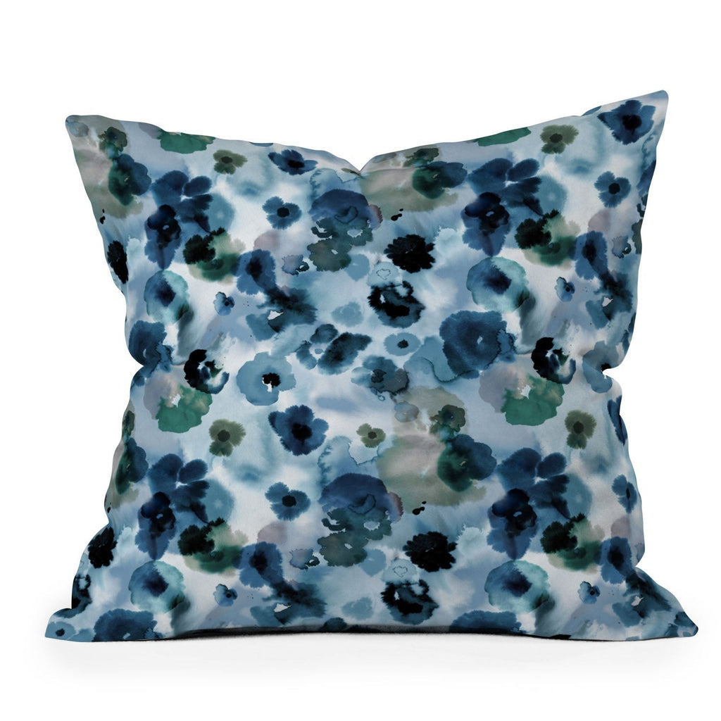 Ninola Design Botanic Retreat Ombre Abstract Watercolor Flowers Blue Navy Outdoor Throw Pillow