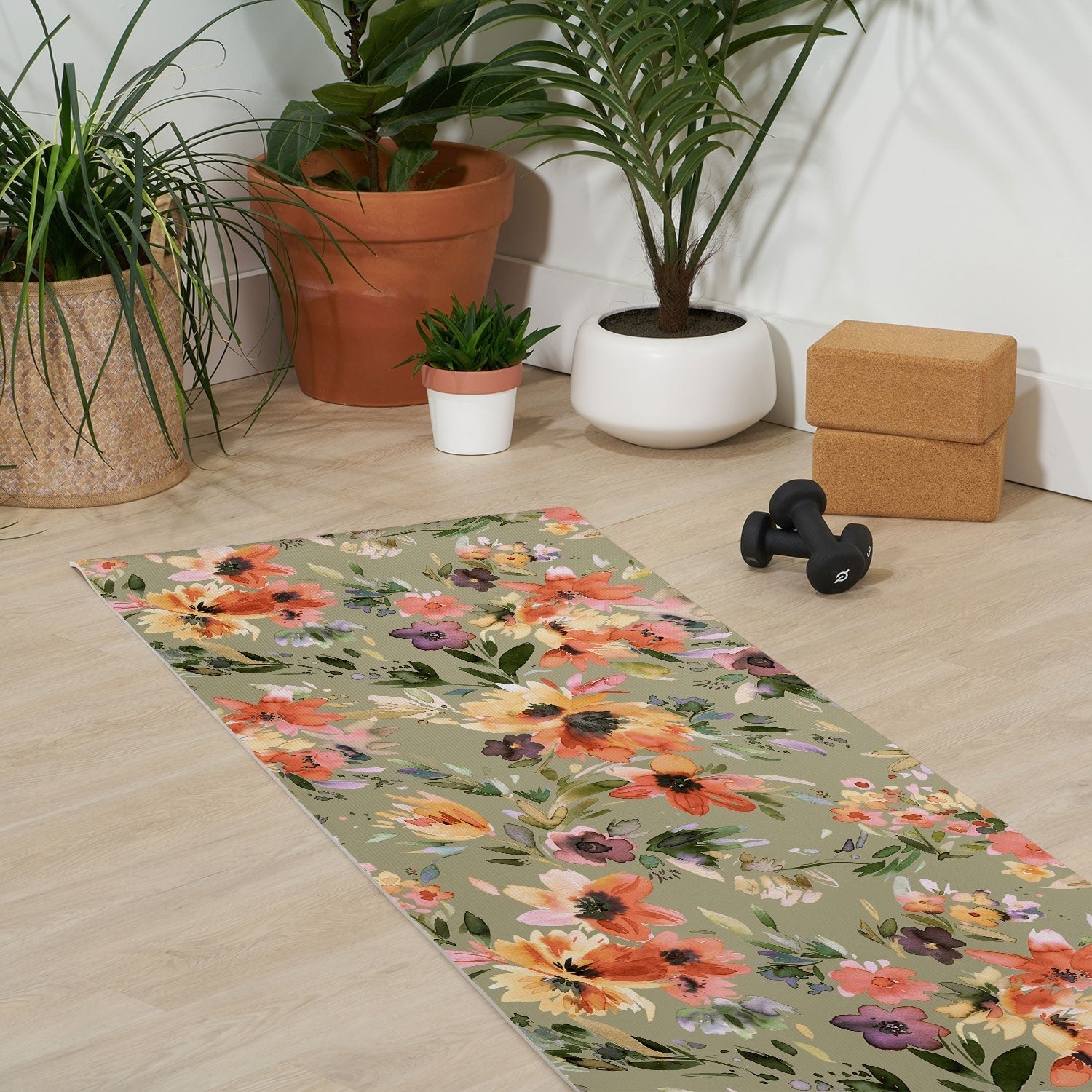Ninola Design Botanic Retreat Painterly Tropical Flowers Sage Green Yoga Mat