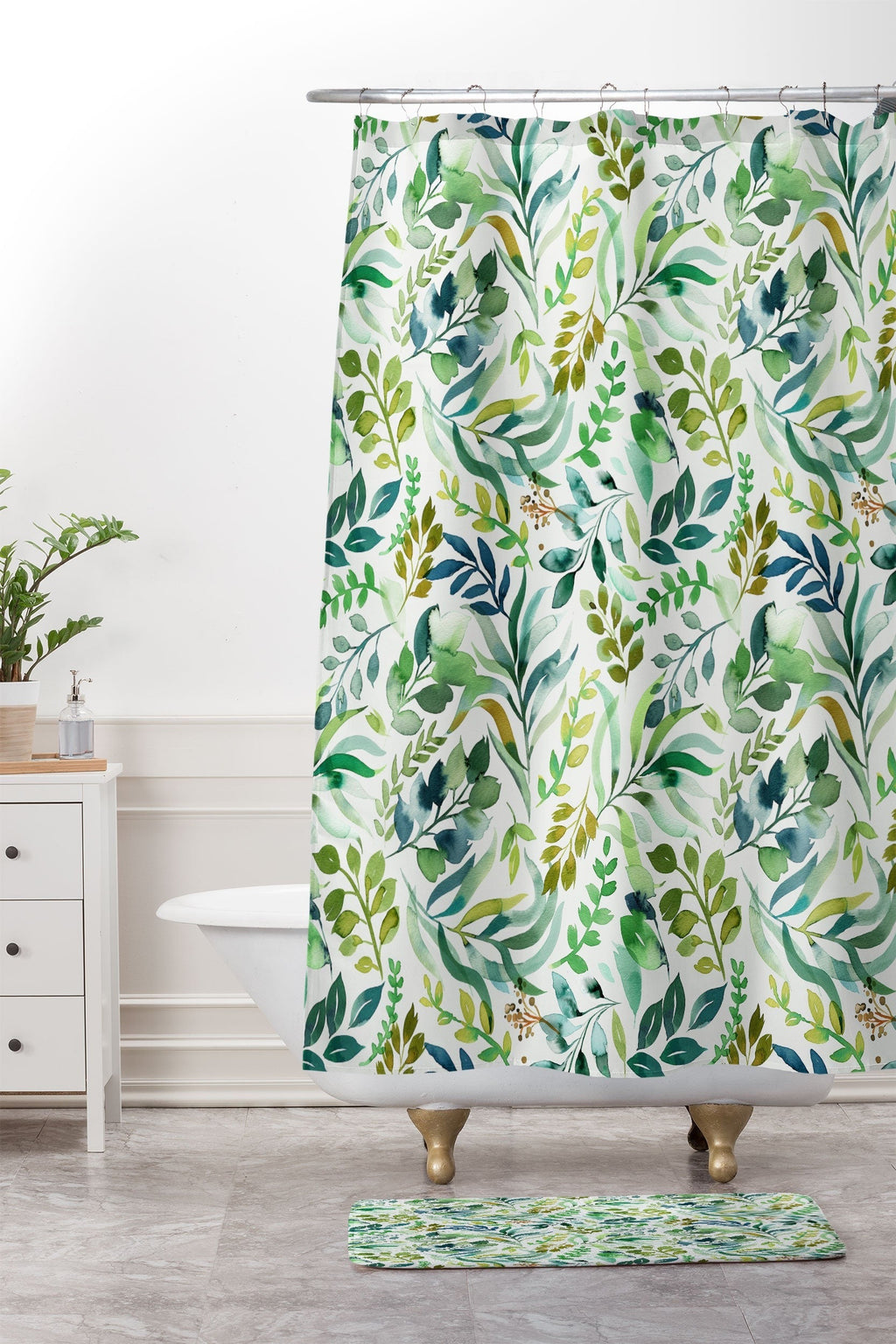 Ninola Design Botanic Retreat Loose Botanical Leaves Watercolor Green Memory Foam Bath Mat