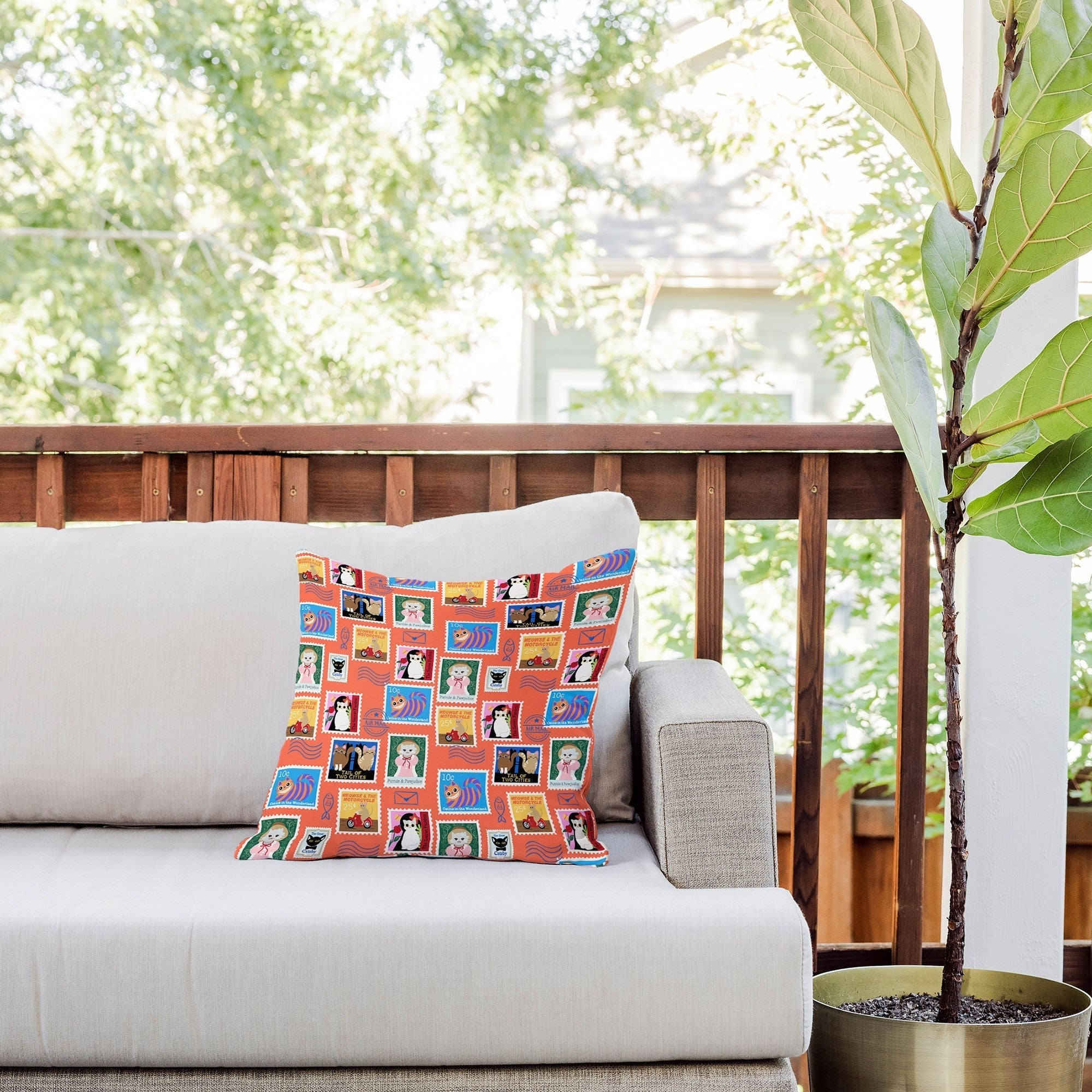 Design by Spark Classic Book Cat Stamps Outdoor Throw Pillow