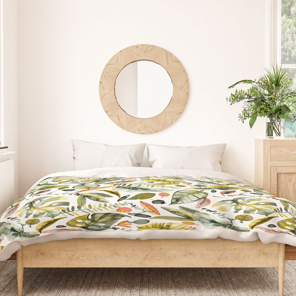 Ninola Design Botanic Retreat Tropical Jungle Leaves Botanical Green Orange Duvet Cover