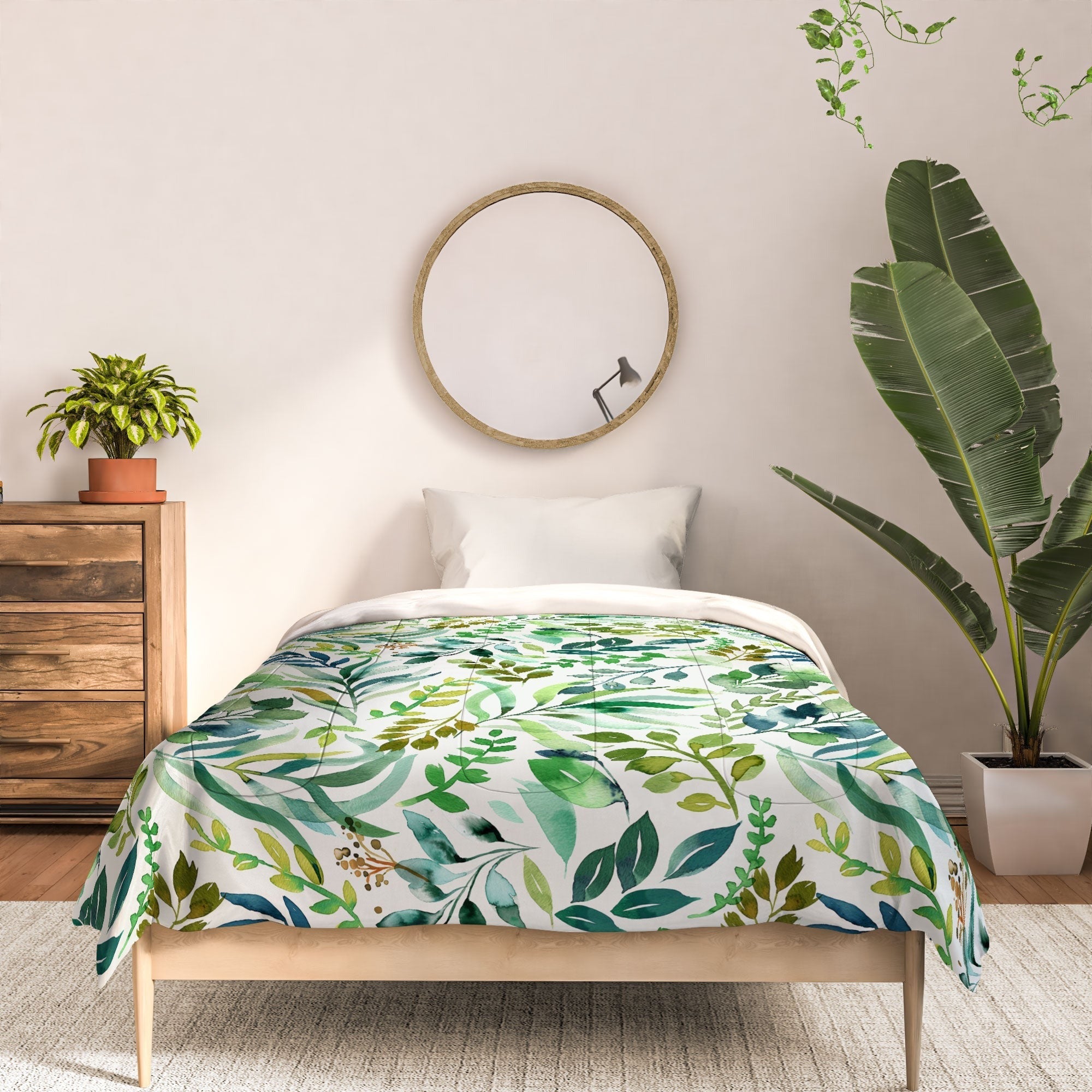 Ninola Design Botanic Retreat Loose Botanical Leaves Watercolor Green Comforter