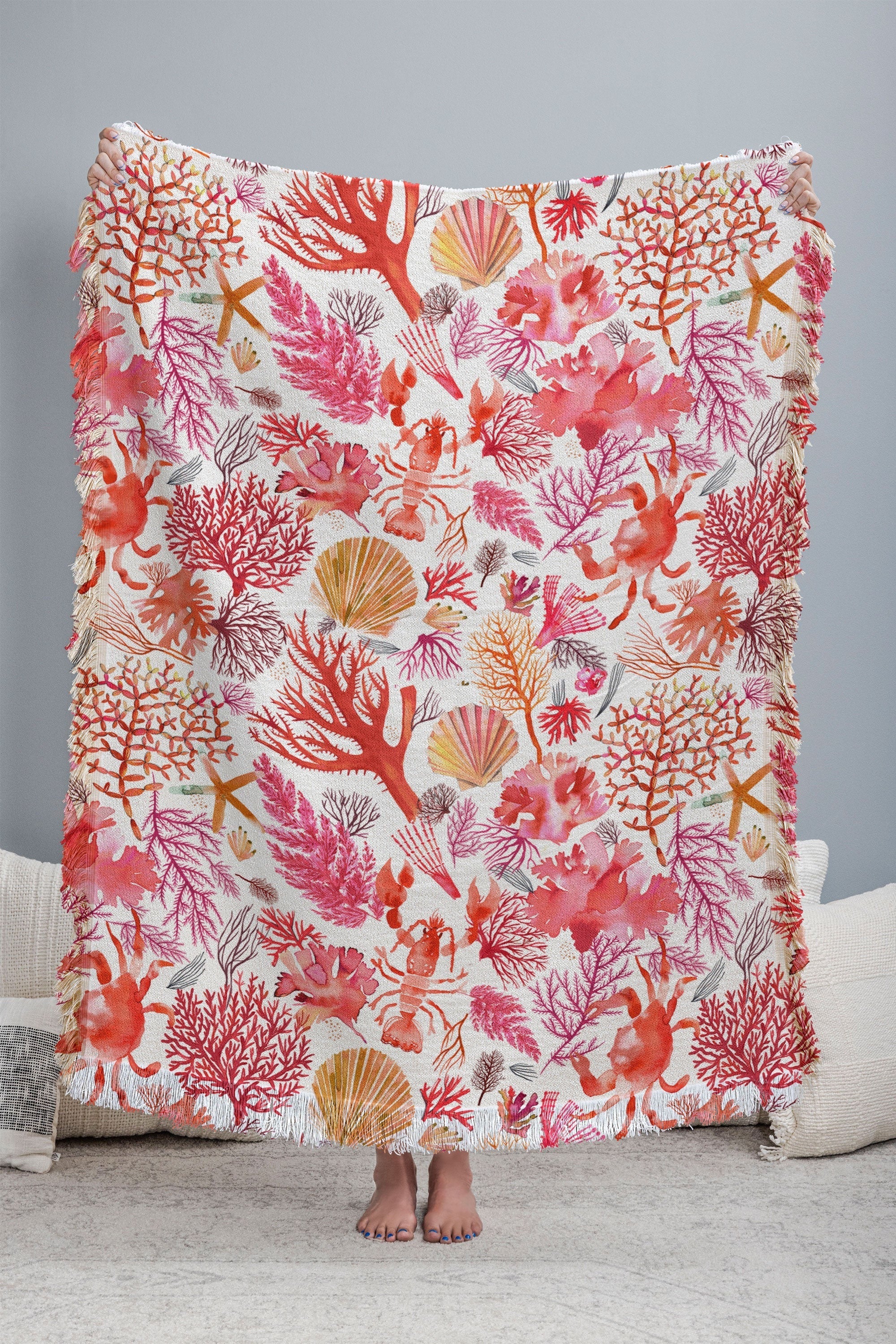 Ninola Design Botanic Retreat Coral Reef Crab Lobster Red Throw Blanket