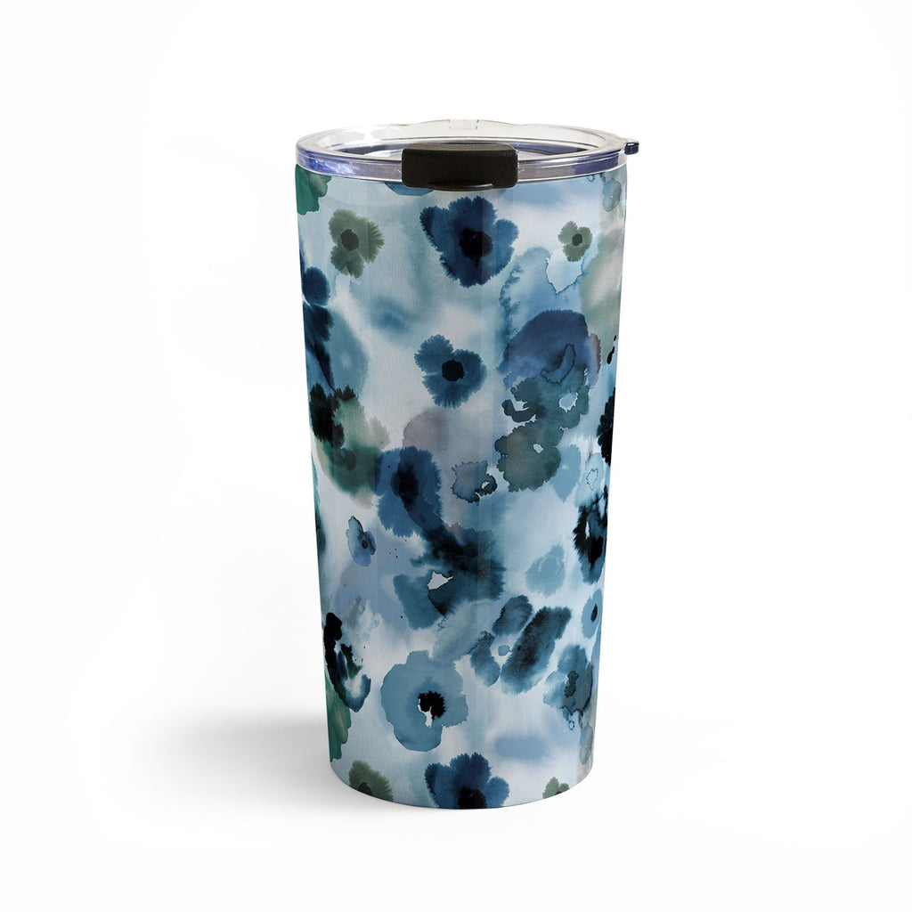 Ninola Design Botanic Retreat Ombre Abstract Watercolor Flowers Blue Navy Travel Mug