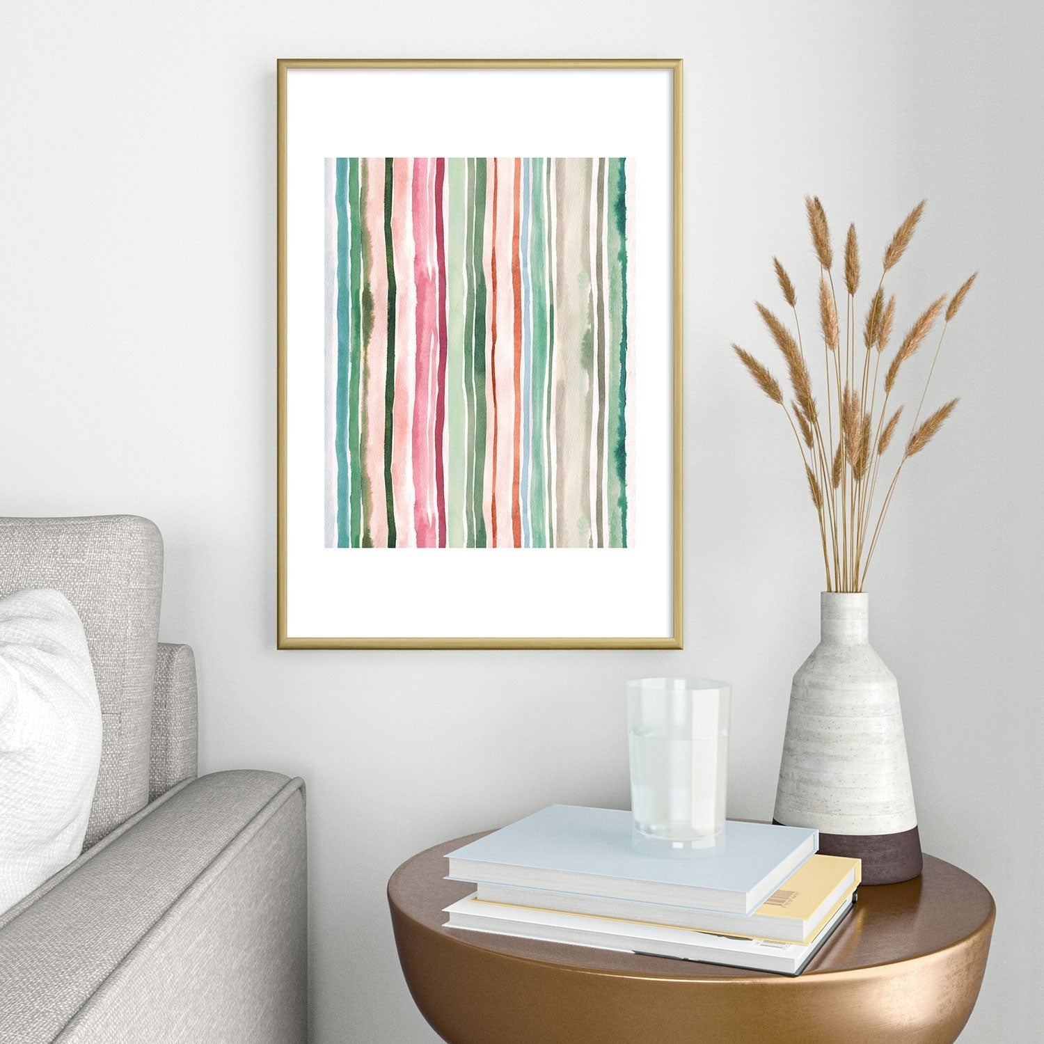 Ninola Design Botanic Retreat Watercolor Stripes Green Orange Red Metal Framed Art Print