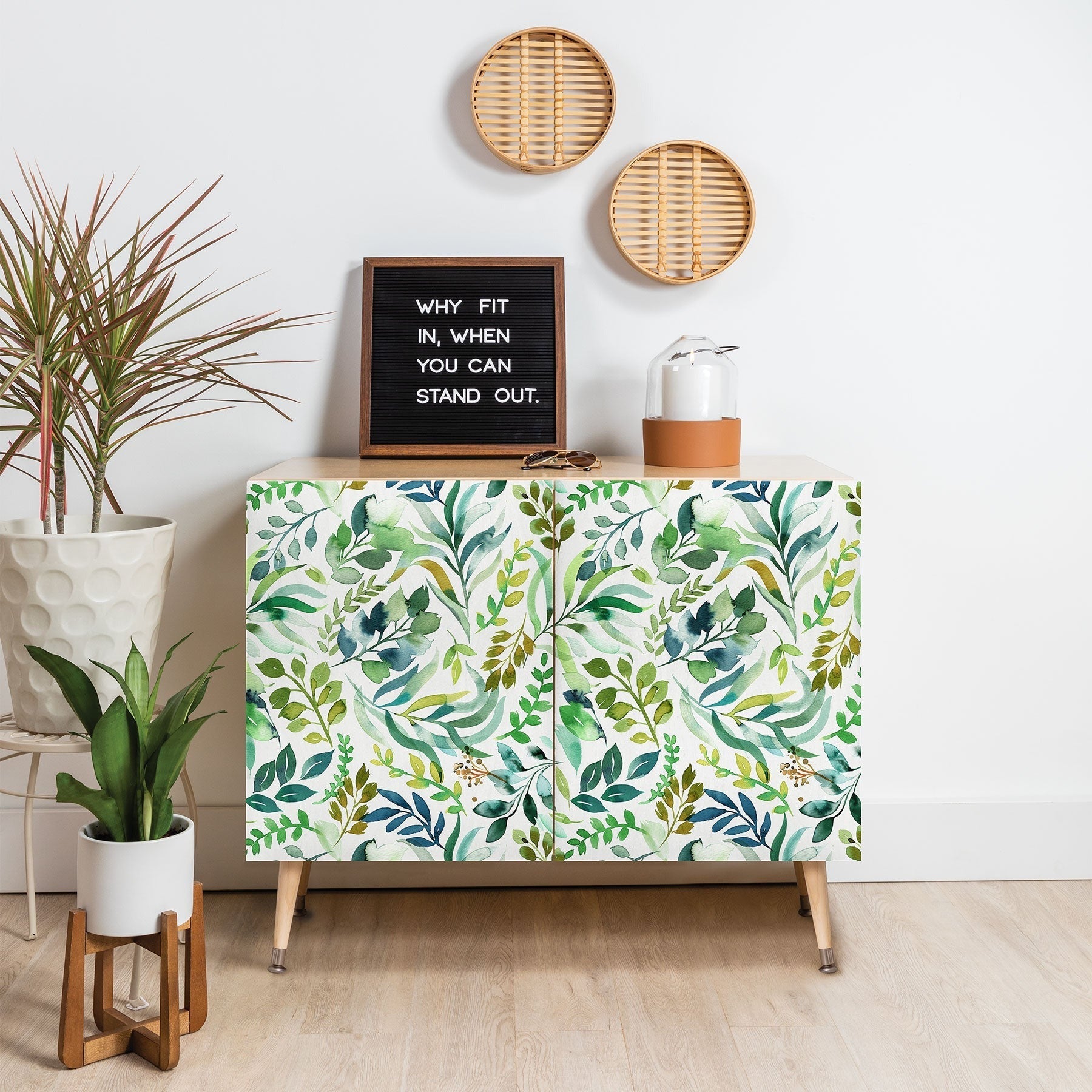Ninola Design Botanic Retreat Loose Botanical Leaves Watercolor Green Credenza