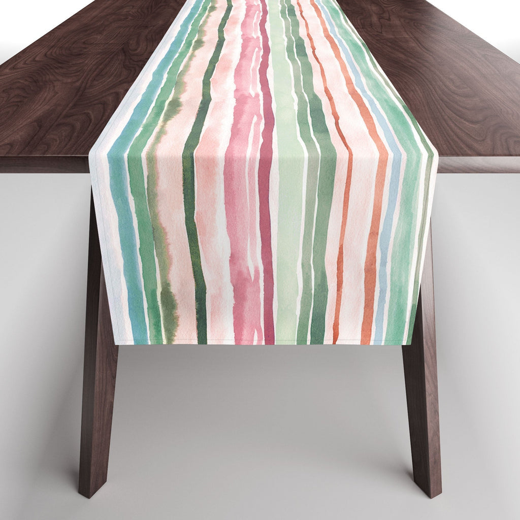 Ninola Design Botanic Retreat Watercolor Stripes Green Orange Red Table Runner