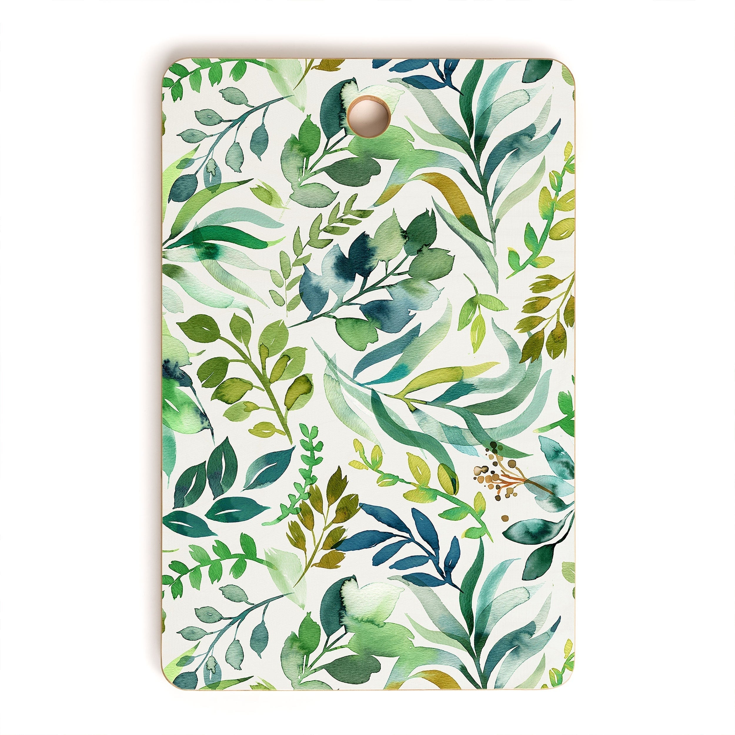 Ninola Design Botanic Retreat Loose Botanical Leaves Watercolor Green Cutting Board Rectangle