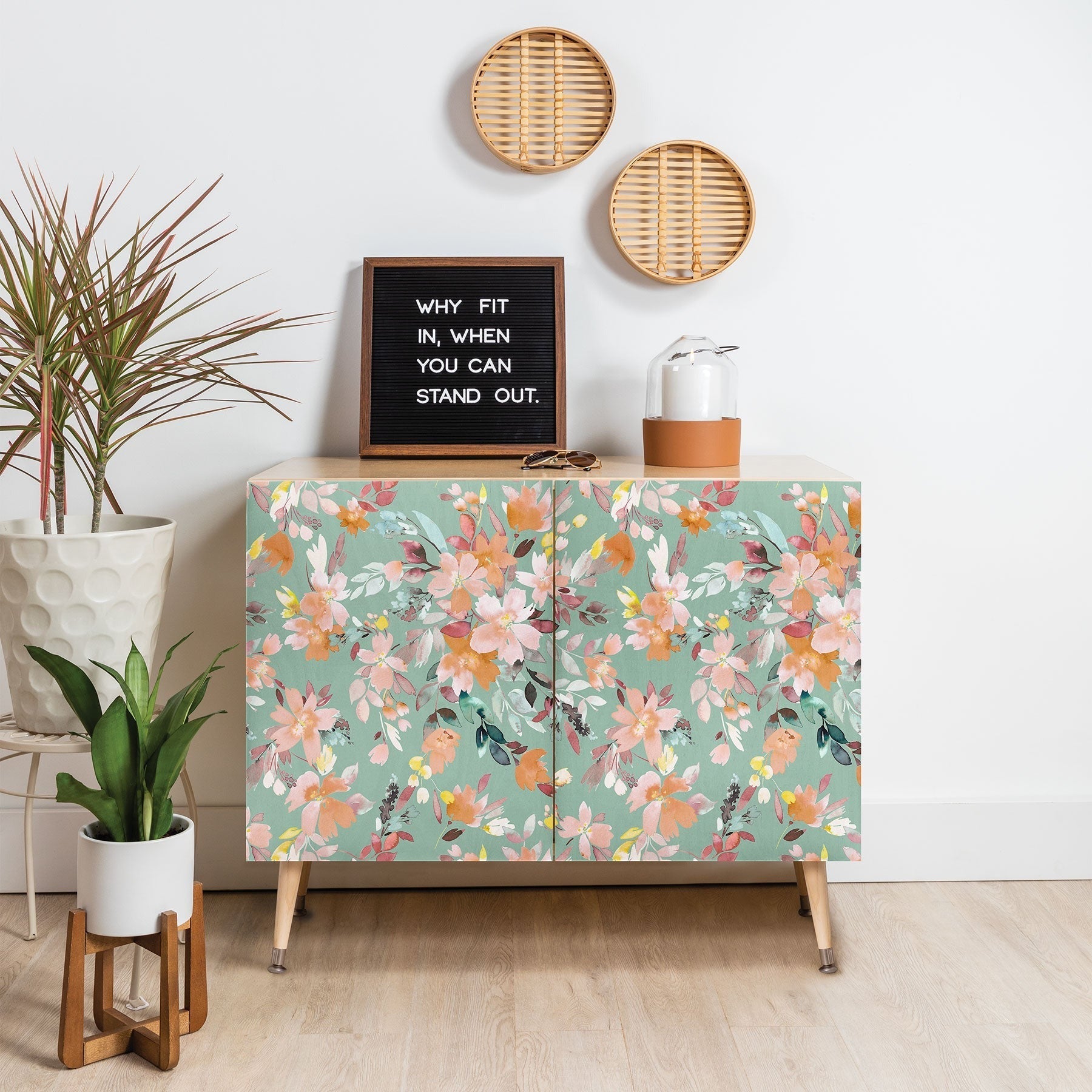 Ninola Design Botanic Retreat Floral Oleander Whimsical Teal Green Credenza