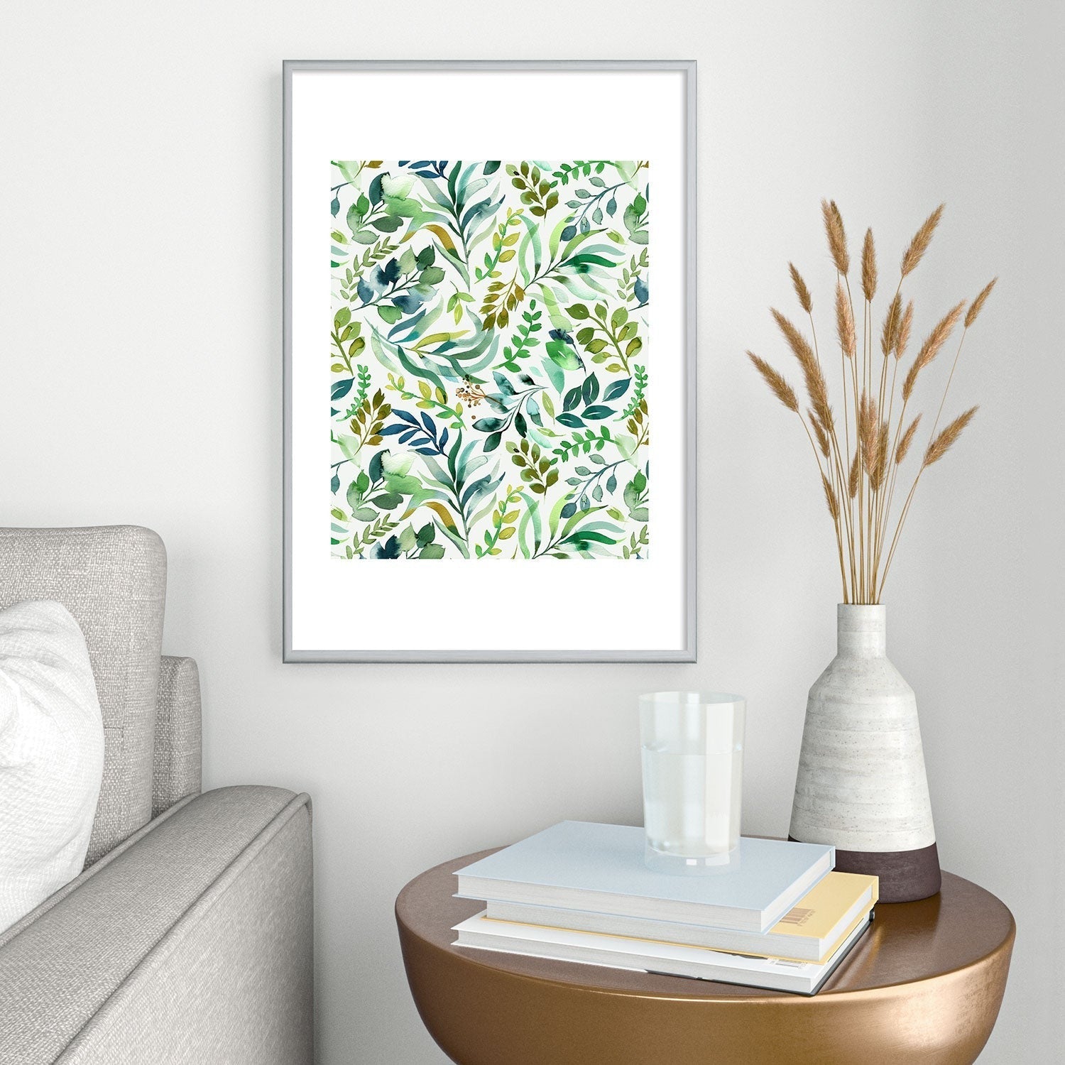 Ninola Design Botanic Retreat Loose Botanical Leaves Watercolor Green Metal Framed Art Print