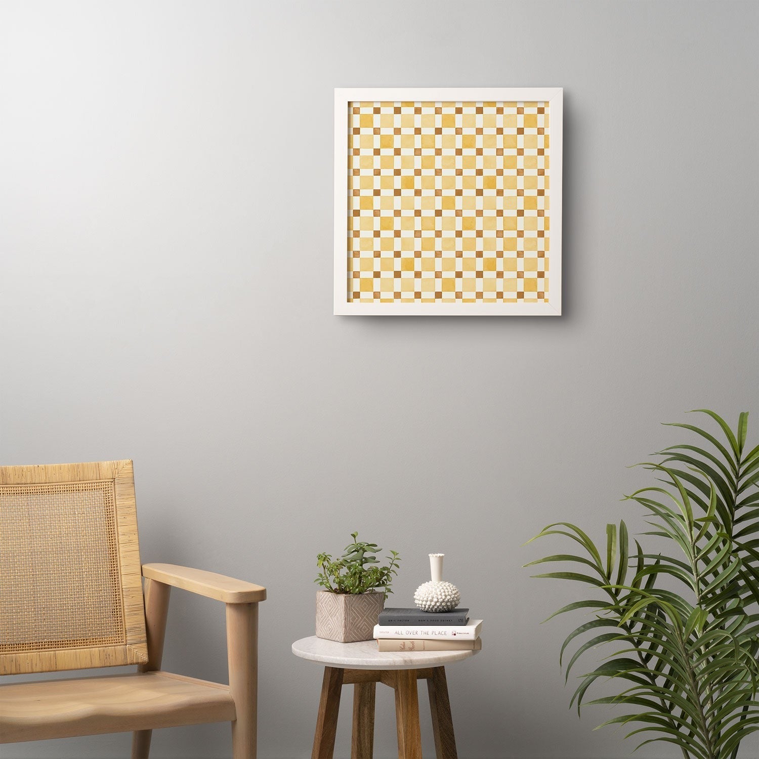 Ninola Design Everyday Artifact Checker Mosaic Tiles Geometry Yellow Framed Wall Art
